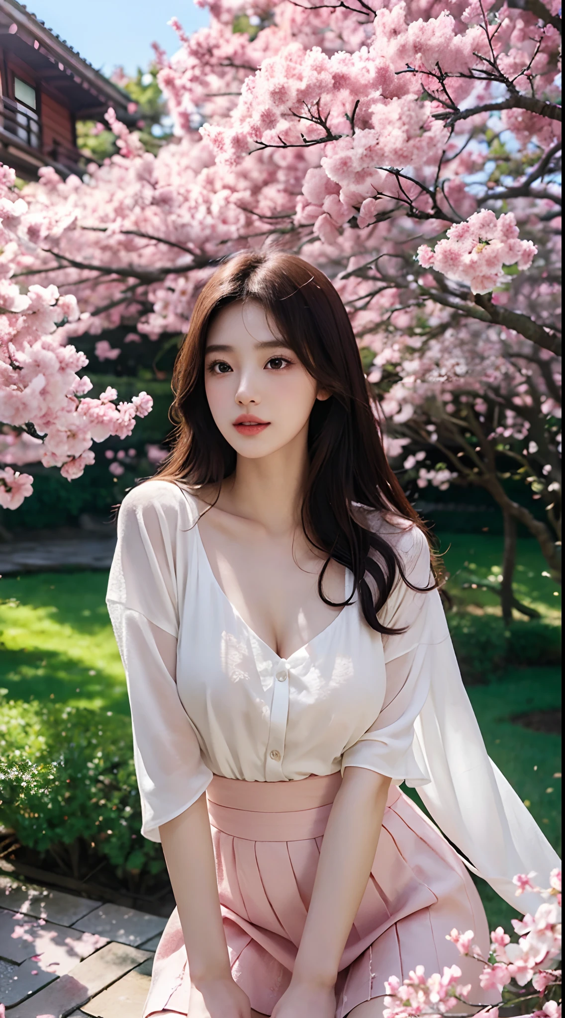 Best quality, 4K,8K,Realistic, Photorealistic, extremely detaile, An extremely delicate and beautiful, Photo, Japanese and Korean beauties，South Korean beauties，Wear JK, mini-skirts，Large breasts，perfect boobs，(Beautiful detailed eyes,beautiful detailed lips,Extremely detailed eyes and face,long eyelasher), Beautiful hair, joyful expressions, Surrounded by cherry blossom trees, Kawaii style, In a picturesque garden full of sunshine. The artwork is of the best quality, With ultra-detailed features and realistic, Realistic touch. vibrant with colors，The lighting creates a warm atmosphere, Dreamy atmosphere.