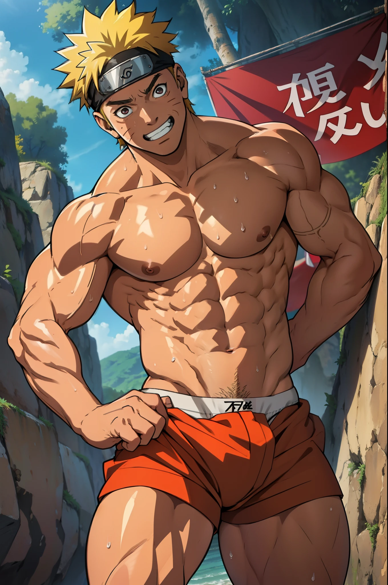 (photo angle from bottom up) (photo angle from the ground upwards) [Anime photo][highest quality photo][4k,HD photo quality] (Close-up of muscular thigh muscles)( wearing tight triangle underwear revealing thigh muscles  snake, muscular thighs, sinewy thighs) ,Uzumaki Naruto fun, happy,bodybuilder,bodybuilding, standing,shiny skin, rosy skin, red skin lots of sweat flowing down, topless, shirtless, hot sunny, do not wear banners