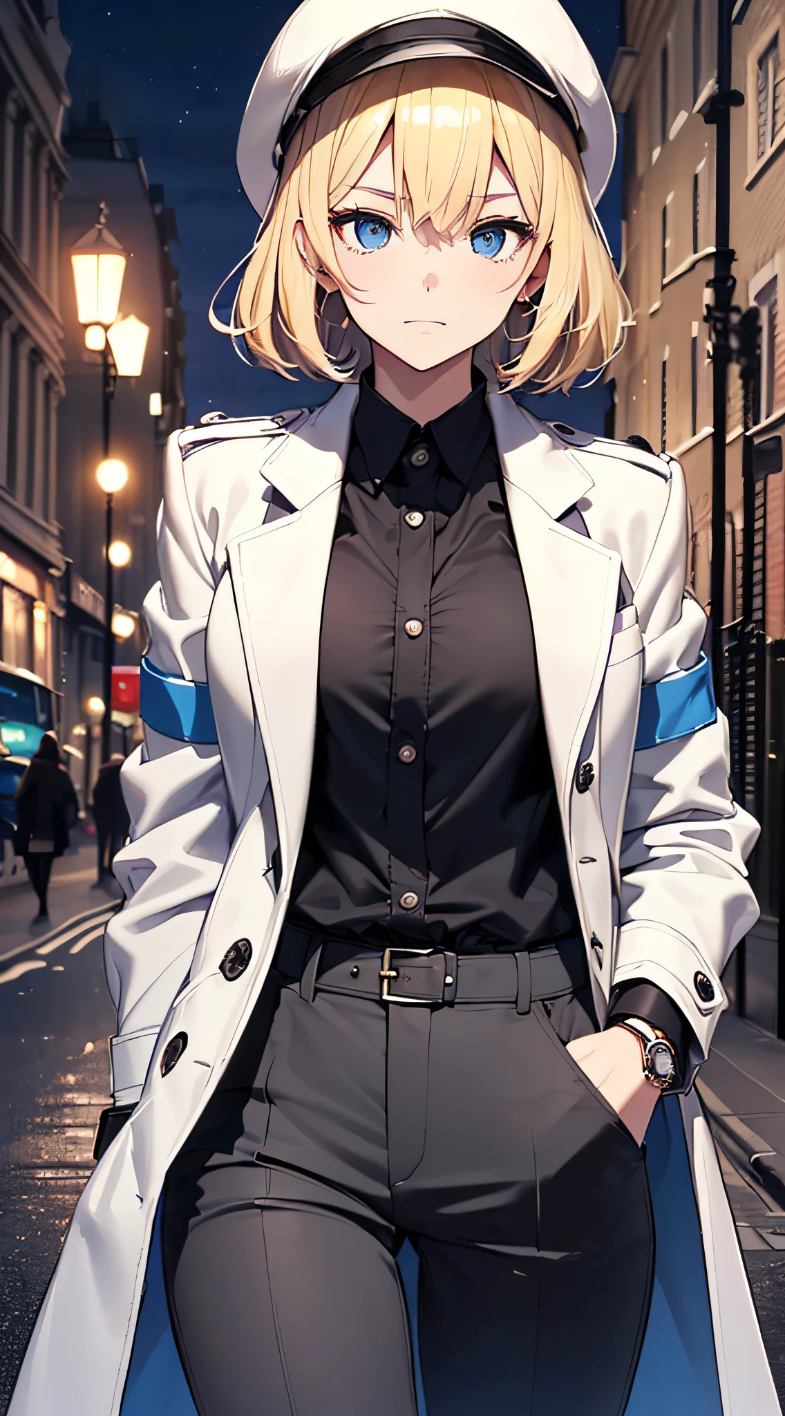 top-quality、Top image quality、masterpiece、girl with((18year old、Open white Y-shirt、deerstalker hat、Stylish long coat、Black pants、Best Bust、Bust 85、a blond、Longhaire、Blue eyes、open chest wide、Valley、Happiness、Black wristband on wrist、A slender、耳Nipple Ring、The wind blows,Stick your hands in your pockets、close to viewer、cool expression))hiquality、visualart、Background with((London by night))、masutepiece、