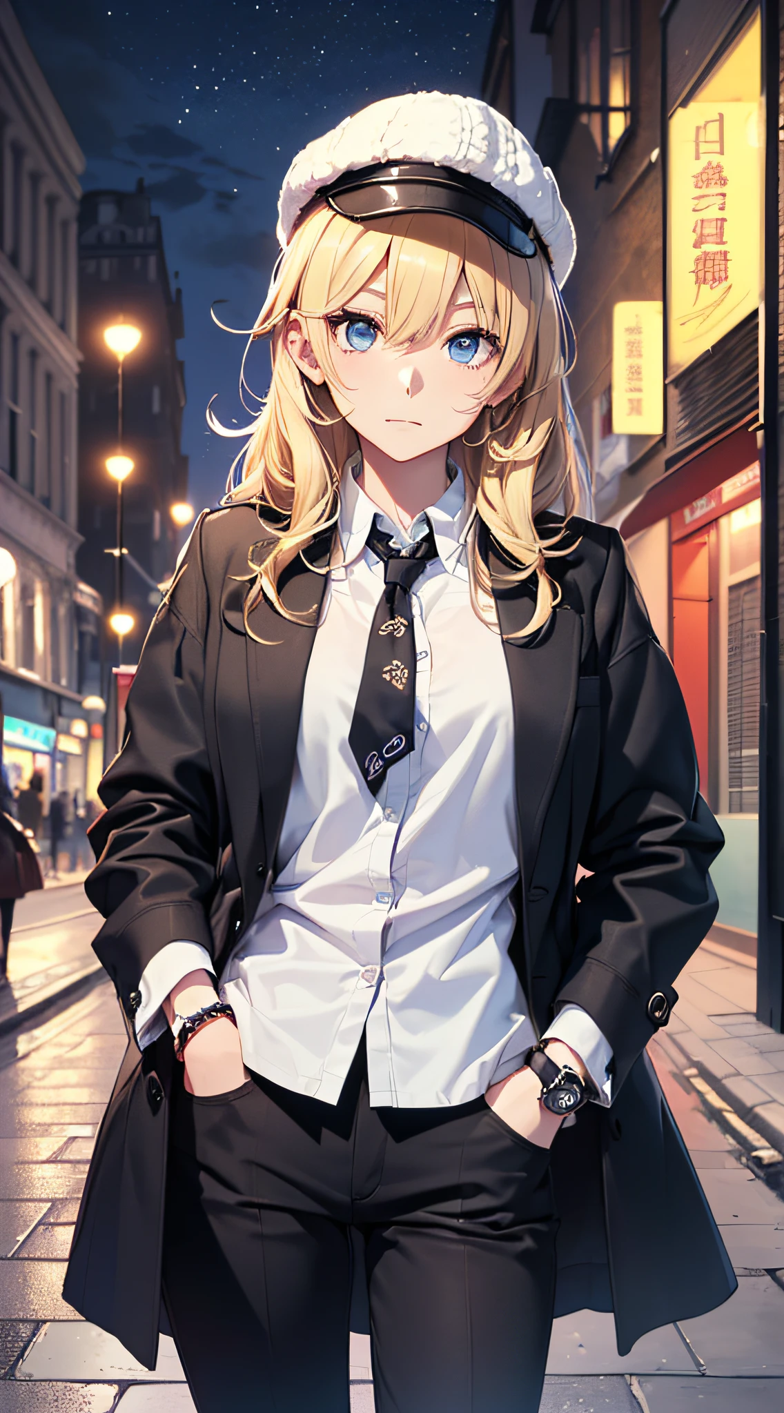 top-quality、Top image quality、​masterpiece、girl with((18year old、Open white Y-shirt、deerstalker hat、Stylish long coat、Black pants、Best Bust、Bust 85、a blond、Longhaire、Blue eyes、open chest wide、Valley、Happiness、Black wristband on wrist、A slender、耳Nipple Ring、The wind blows,Stick your hands in your pockets、close to viewer、cool expression)）hiquality、visualart、Background with((London by night))、masutepiece、