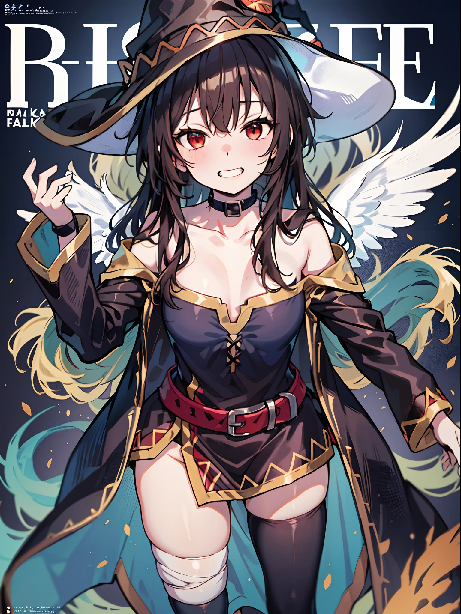 megumin, kono subarashii sekai ni shukufuku wo!, 1girl, solo, standing, looking at viewer, hat, witch hat, brown hair, short hair with long locks, red eyes, blush, evil grin, black choker, collarbone, flat chest, off-shoulder dress, dress, red dress, brown cape, long sleeves, black gloves, fingerless gloves, belt, brown belt, gold trim, zettai ryouiki, skindentation, (asymmetrical legwear:1.4), mismatched legwear, (bandaged leg:1.3), black thighhighs, (arms behind back:1.3), masterpiece,(best quality),(1girl) ,solo,(high contrast:1.2),(high saturation:1.2), ((hands on the pocket)),((black and white sdress)),looking at viewer,((white and dark blue theme:1.3)),((white and dark blue background:1.5)),((walking:1.3)),full body,((from above:1.2)), (magazine:1.3), (cover-style:1.3), fashionable, woman, vibrant, outfit, posing, front, colorful, dynamic, background, elements, confident, expression, holding, statement, accessory, majestic, coiled, around, touch, scene, text, cover, bold, attention-grabbing, title, stylish, font, catchy, headline, larger, striking, modern, trendy, focus, fashion, The text is bold and attention-grabbing, with a catchy tagline that adds to the overall feeling of drama and excitement. The color palette is mainly dark with splashes of vibrant colors, giving the poster a dynamic and visually striking appearance,tachi-e (magazine:1.3), (cover-style:1.3),