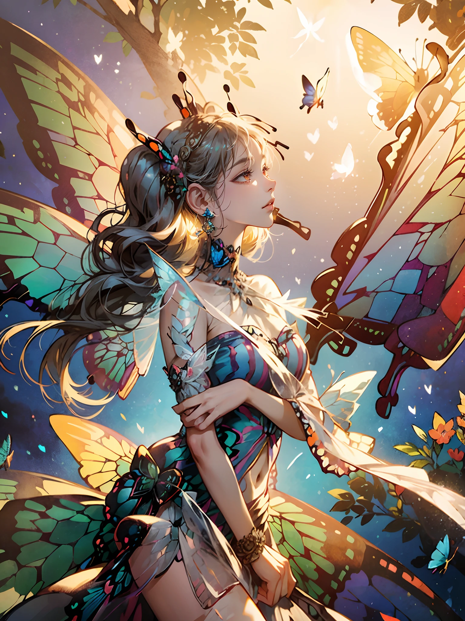 ((masterpiece)),(((best quality))),illustration,1 girl,long hair,hair on eyes, colorfull hair,beautiful eyes,environment Scene change, pose too, pink color palette, neon colors, female butterfly, butterfly antennae, holds a crosier, charturnbetalora, 8k,16k