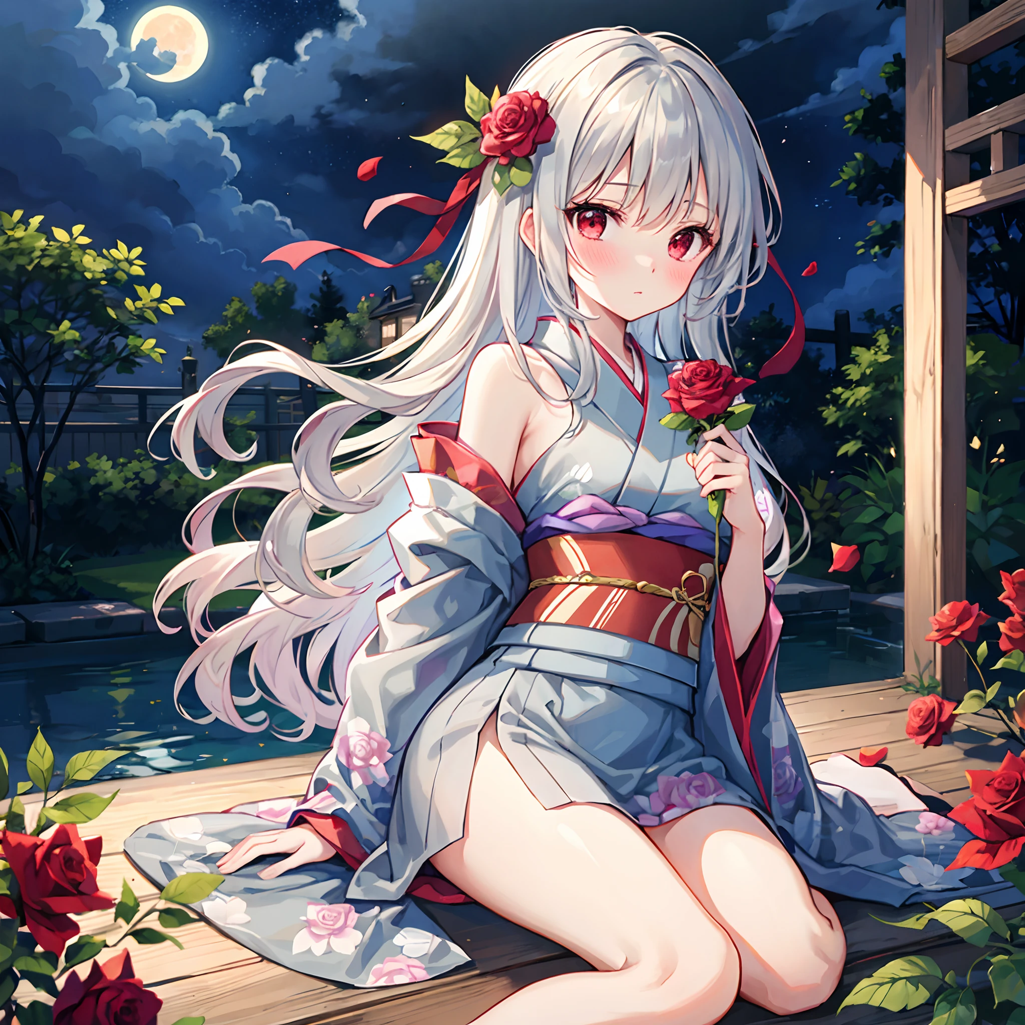Wavy Gray Hair、red eyes、Beautiful girl alone、Kimono、rose garden、a moon、red blush、off shoulders、