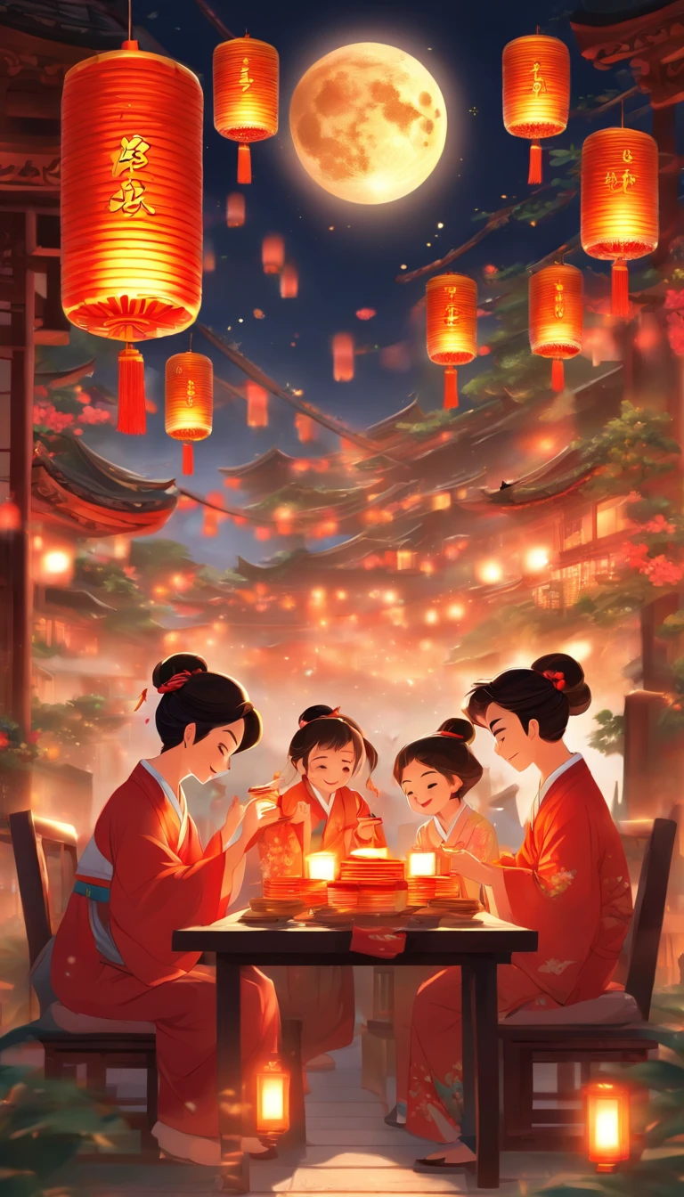 A family eats mooncakes,Men honor their parents with gifts in their hands, Happy family, There are mooncakes on the table,Gift in hand, tea drinking and paper lanterns, Another bright moon in the sky,warm and joyful atmosphere, Digital illustration, Poster illustration, , , digital illustrations , Chinese style painting, , exciting illustration,