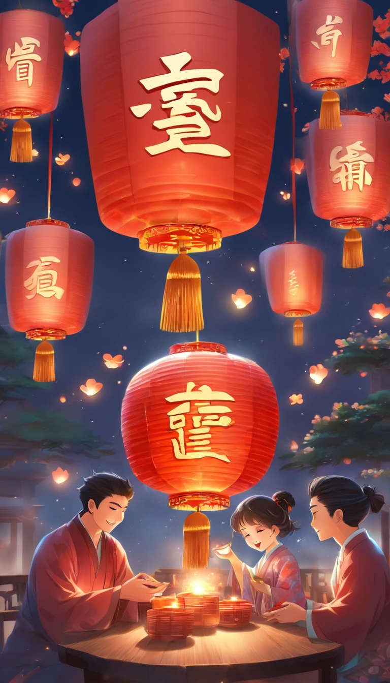 A family eats mooncakes，Men honor their parents with gifts in their hands, Happy family, There are mooncakes on the table,Gift in hand， tea drinking and paper lanterns, Another bright moon in the sky，warm and joyful atmosphere, Digital illustration, Poster illustration, ???, , digital illustrations , Chinese style painting, , exciting illustration,