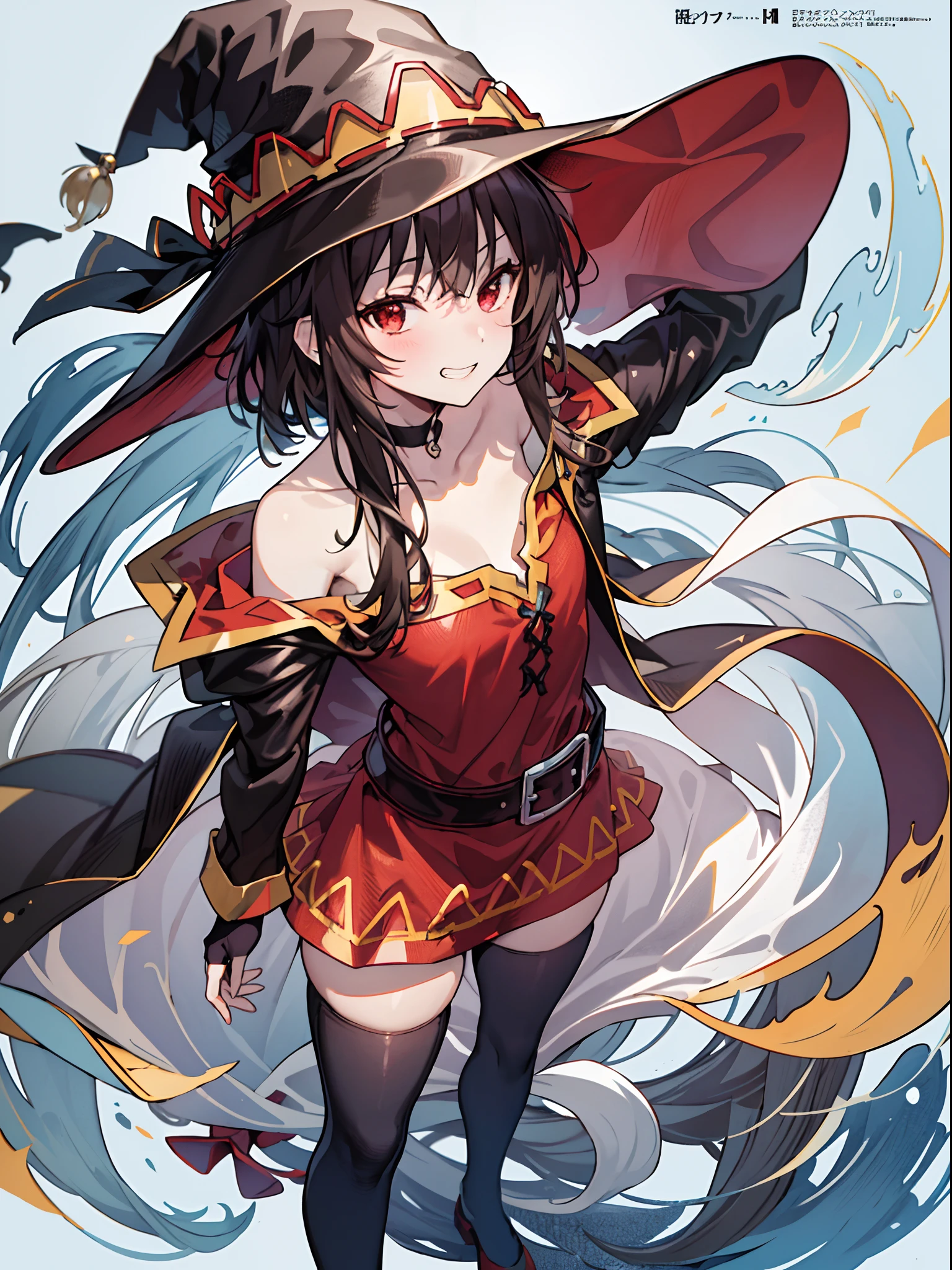 megumin, kono subarashii sekai ni shukufuku wo!, 1girl, solo, standing, looking at viewer, hat, witch hat, brown hair, short hair with long locks, red eyes, blush, evil grin, black choker, collarbone, flat chest, off-shoulder dress, dress, red dress, brown cape, long sleeves, black gloves, fingerless gloves, belt, brown belt, gold trim, zettai ryouiki, skindentation, (asymmetrical legwear:1.4), mismatched legwear, (bandaged leg:1.3), black thighhighs, (arms behind back:1.3), 
masterpiece,(best quality),(1girl) ,solo,(high contrast:1.2),(high saturation:1.2), ((hands on the pocket)),((black and white sdress)),looking at viewer,((white and light blue theme:1.3)),((white and light blue background:1.5)),((walking:1.3)),full body,((the light blue water on sky and white cloud and day)),((from above:1.2)), (magazine:1.3), (cover-style:1.3), fashionable, woman, vibrant, outfit, posing, front, colorful, dynamic, background, elements, confident, expression, holding, statement, accessory, majestic, coiled, around, touch, scene, text, cover, bold, attention-grabbing, title, stylish, font, catchy, headline, larger, striking, modern, trendy, focus, fashion, The text is bold and attention-grabbing, with a catchy tagline that adds to the overall feeling of drama and excitement. The color palette is mainly dark with splashes of vibrant colors, giving the poster a dynamic and visually striking appearance,tachi-e (magazine:1.3), (cover-style:1.3),