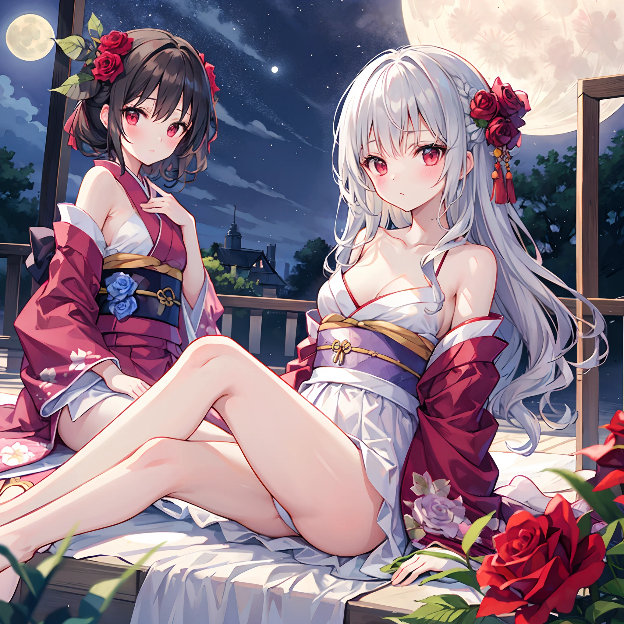 Wavy Gray Hair、red eyes、Beautiful girl alone、Kimono、rose garden、a moon、red blush、off shoulders、