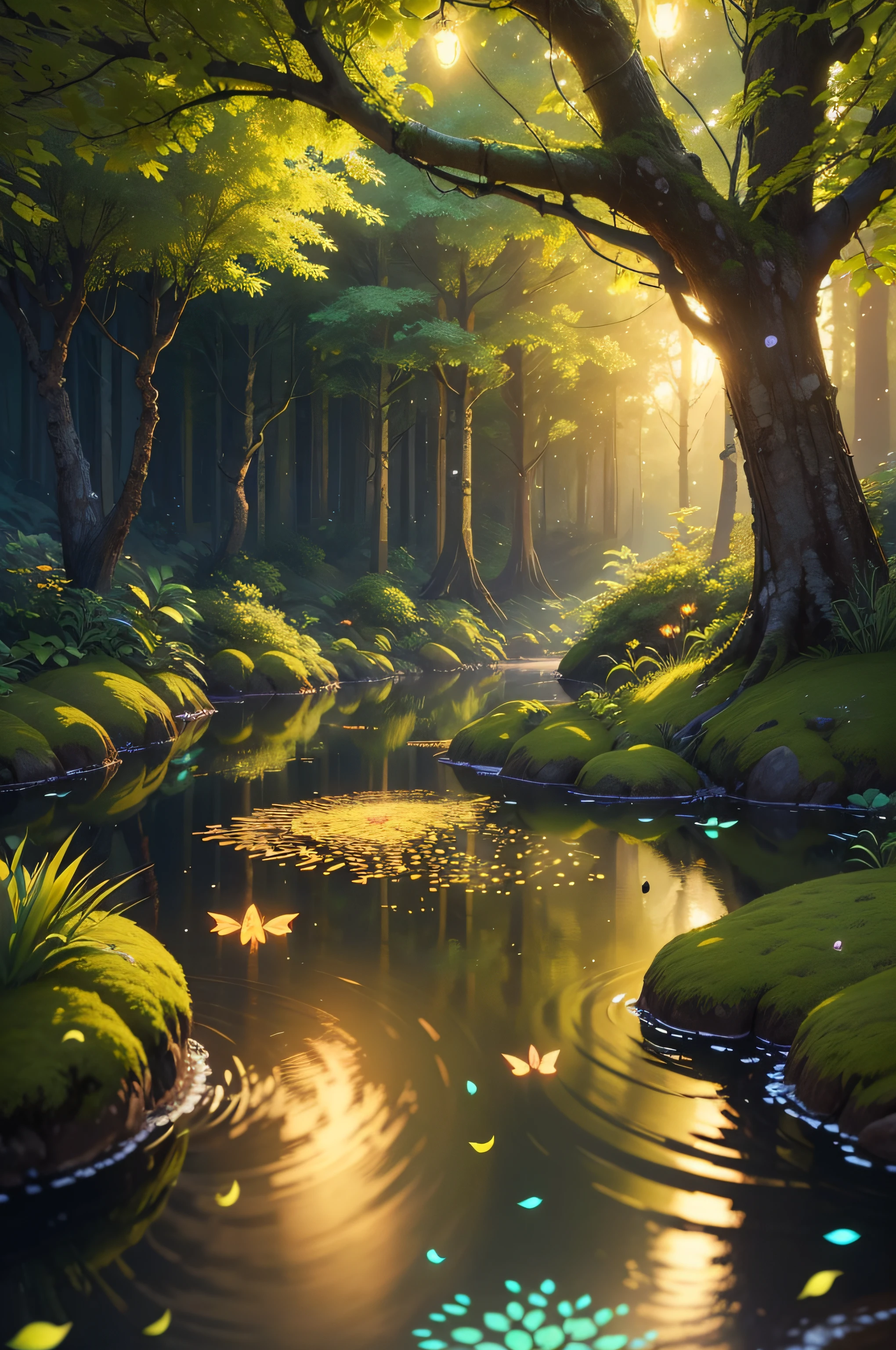A masterpiece, the best quality, stunning reflections, the best reflections ever. (very detailed CG unity 8k wallpapers), (best quality), (best illustrations), (best shadows), forest theme with natural elements. Tall trees, quiet streams, small glowing mushrooms surrounded by delicate leaves and branches, with fireflies and glowing particle effects,, (natural elements), (jungle theme), (leaves), (twigs), (fireflies), butterflies, (delicate leaves), (glow), (particle effects). , Isometric 3D, Octane Rendering, Ray Traced, Super Detailed