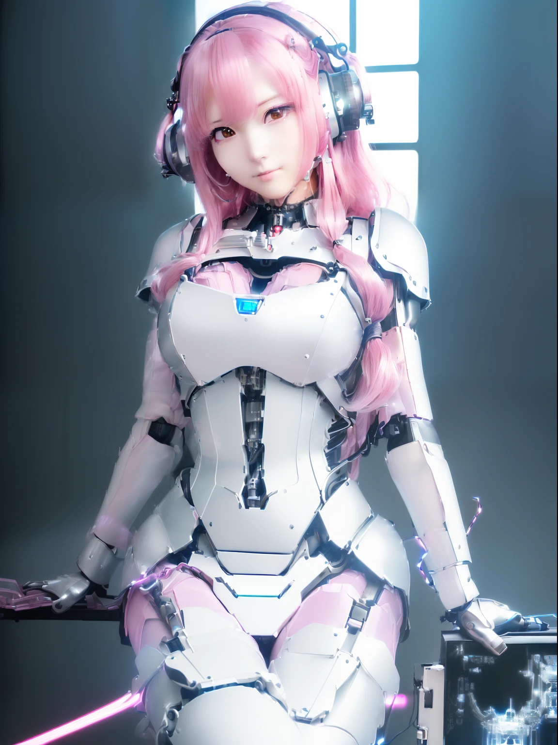 spread out the female genitals、female android、translucent mechanical girl、best quality、Translucent partial robot body parts、（Skin-colored tits,nipple）、spread legs pose、charge with cable、erotic private parts、bright maintenance room、spherical joint、transparentpink hair