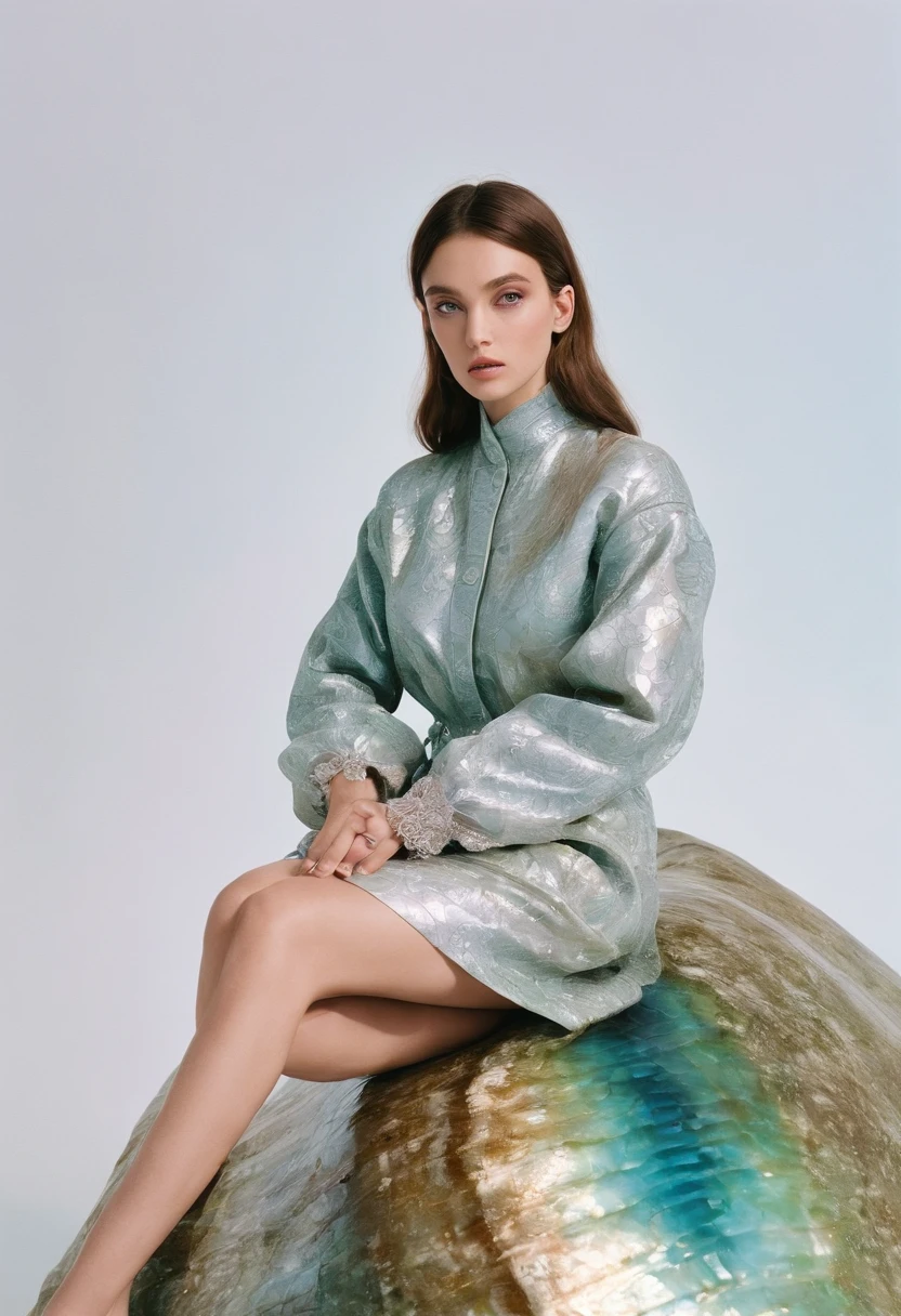 A clear and crisp photograph, with vivid colours, taken with kodak portra 400 35mm film,a photograph that captivates the viewer, a woman sitting on an abalone shell, posing, trippy quality to the photograph, an element of creepiness, surreal --ar 3:2