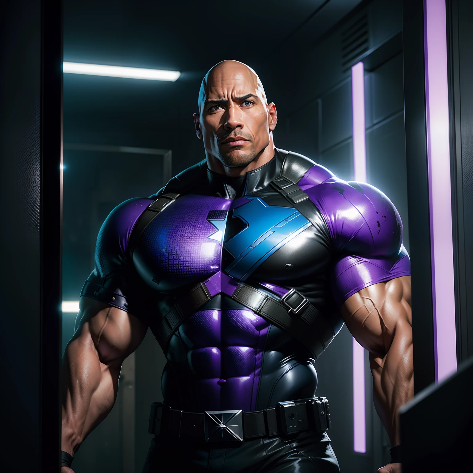 "Dwayne Johnson como El Castigador, He is naked, striking a charismatic pose under the reflected violet and blue lights.... Captured with maximum realism Dwayne Juhnson and his penis is big, usando una tanga" (cuerpo completo)