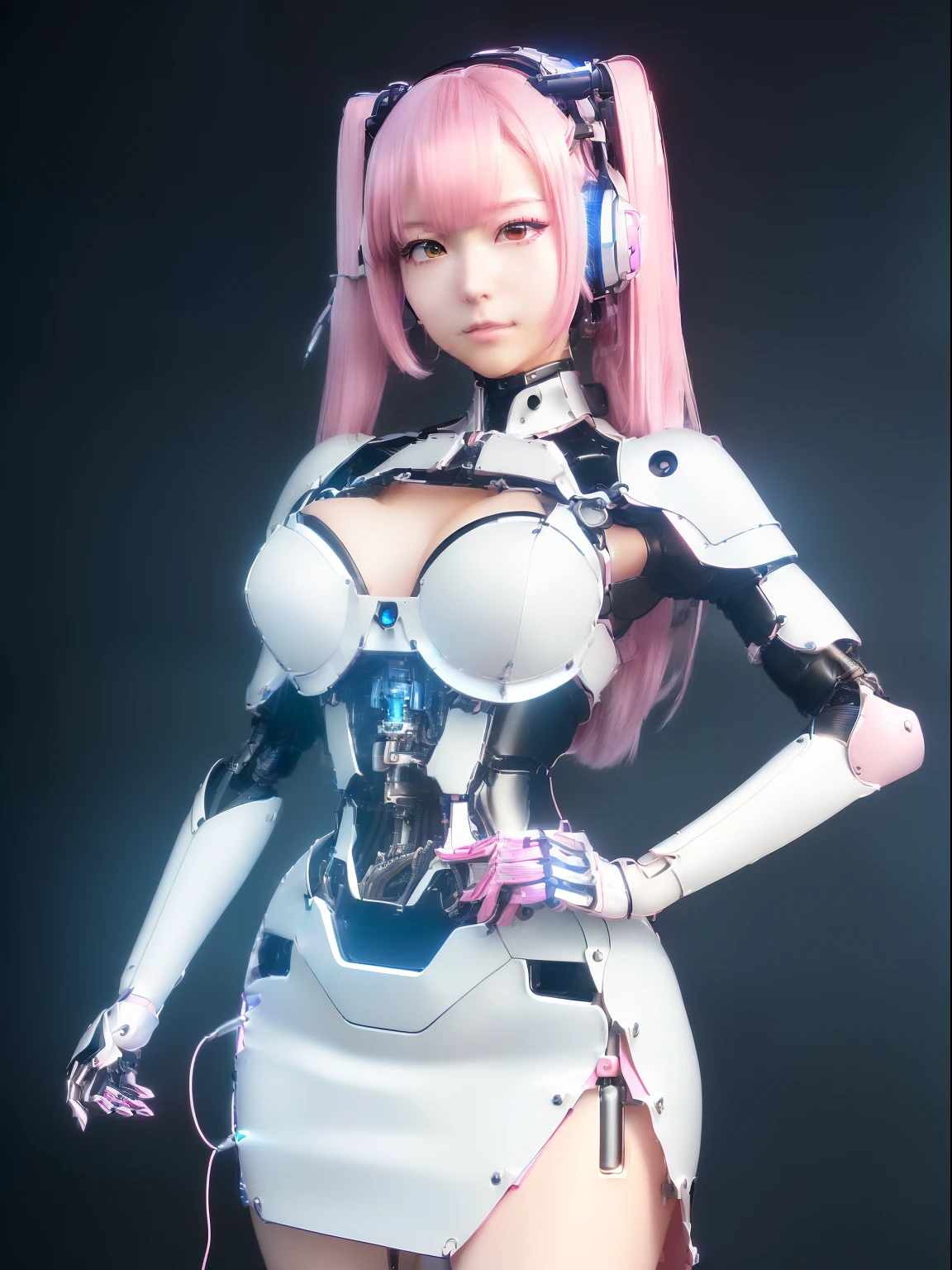 ((masutepiece)), ((top-quality), high quarity、ultra-definition, Realistic,  fulcolor 、One beautiful maid robot woman、Joints of machines、Frame of the machine、Thick wire joints、White mechanical armor from neck to foot、(Curvaceous face)、deadpan、pink straight hair、((Electronic substrate))、skirt by the、Take photos from head to knee