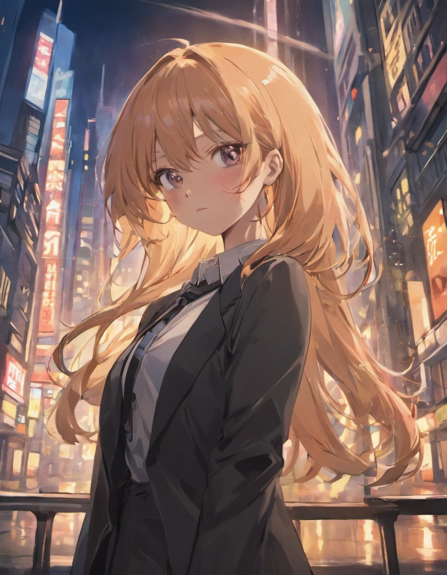masterpiece:1.2, best quality), 8k,Sharp focus, 1 cool adult woman posing , long and messy hair, Wearing sunglasses, Wearing a black suit with a white shirt and tie,Dynamic pose, Night city background with beautiful lighting