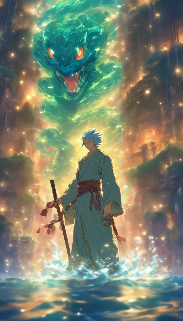 /imagine prompt: An elderly elder standing in front of a water dungeon, holding a long whip, staring sternly at the disciple in the water dungeon, ,32k, best quality, masterpiece, super detail, high details, by Makoto Shinkai ,in the style of the stars art group xing xing, --niji 5