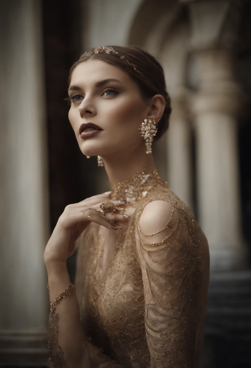 unconventional surrelaistic editorial at nighttime in Venice, a model wearing an elegant concept jewelry make up, Eye surrealistic schiaparelli jewelery woman on the eye of the model, futuristic minimalism, concept make up based on parametrical geometry, the geometry covering and decorating the face as a second skin asimmetrical way, set up in in Venice, asimmetrical make up, close up, the model look is in front of camera, haute couture concept design, subject - centered, hyper - detailed, elegance, filigree, scenographic lightEastman Kodak Color Negative film 5251 50T shot on panavision super ps