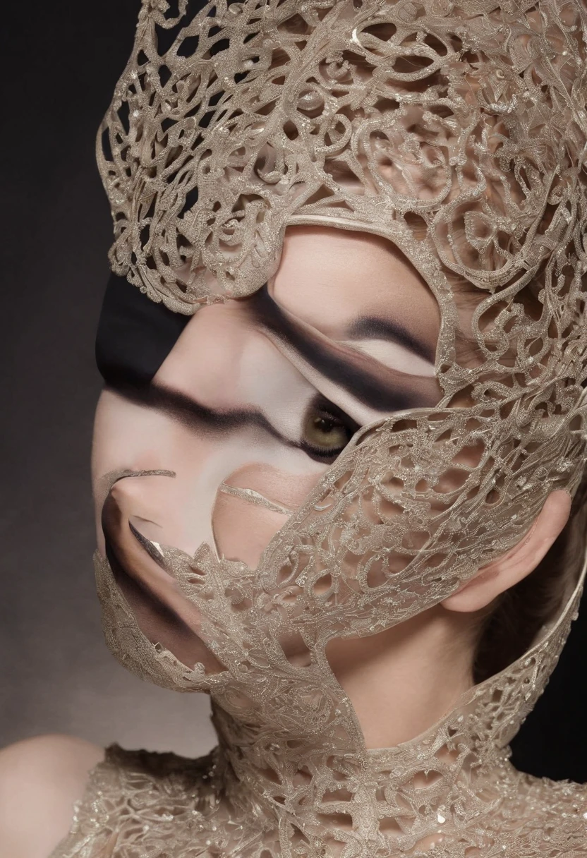 surrealisticunconventional surrelaistic editorial at nighttime in Venice, a model wearing an elegant concept jewelry make up, Eye surrealistic schiaparelli jewelery woman on the eye of the model, futuristic minimalism, concept make up based on parametrical geometry, the geometry covering and decorating the face as a second skin asimmetrical way, set up in in Venice, asimmetrical make up, close up, the model look is in front of camera, haute couture concept design, subject - centered, hyper - detailed, elegance, filigree, scenographic lightEastman Kodak Color Negative film 5251 50T shot on panavision super ps
