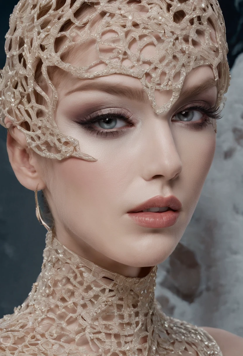 surrealisticunconventional surrelaistic editorial at nighttime in Venice, a model wearing an elegant concept jewelry make up, Eye surrealistic schiaparelli jewelery woman on the eye of the model, futuristic minimalism, concept make up based on parametrical geometry, the geometry covering and decorating the face as a second skin asimmetrical way, set up in in Venice, asimmetrical make up, close up, the model look is in front of camera, haute couture concept design, subject - centered, hyper - detailed, elegance, filigree, scenographic lightEastman Kodak Color Negative film 5251 50T shot on panavision super ps