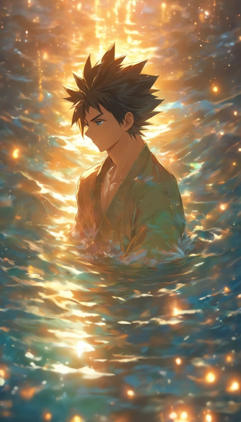 /imagine prompt: A young man hurriedly returning to the scene, surrounded by silence. He hears shouts and the sound of water, and follows the sound to find the water dungeon. ,32k, best quality, masterpiece, super detail, high details, by Makoto Shinkai ,in the style of the stars art group xing xing, --niji 5"