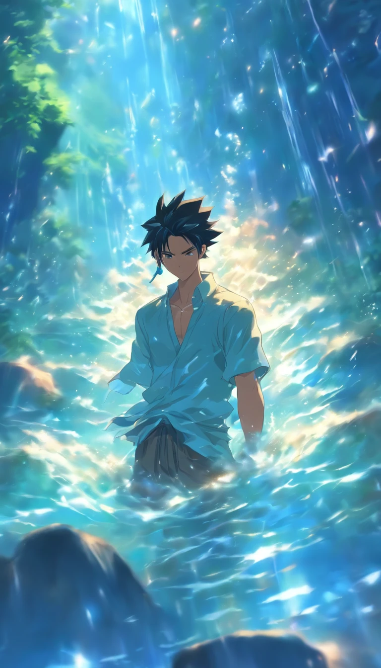 /imagine prompt: A young man hurriedly returning to the scene, surrounded by silence. He hears shouts and the sound of water, and follows the sound to find the water dungeon. ,32k, best quality, masterpiece, super detail, high details, by Makoto Shinkai ,in the style of the stars art group xing xing, --niji 5"