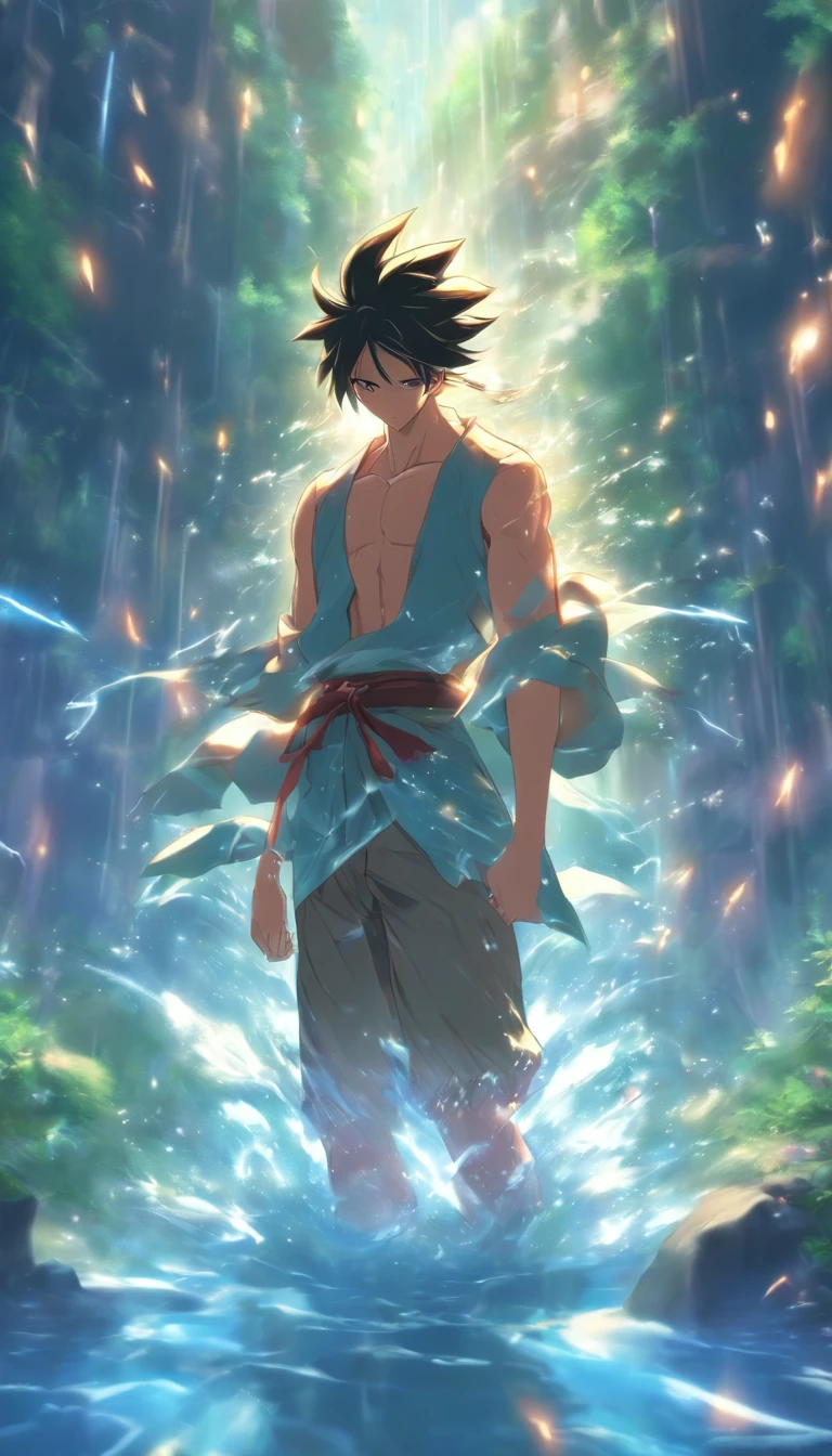 /imagine prompt: A young man hurriedly returning to the scene, surrounded by silence. He hears shouts and the sound of water, and follows the sound to find the water dungeon. ,32k, best quality, masterpiece, super detail, high details, by Makoto Shinkai ,in the style of the stars art group xing xing, --niji 5"