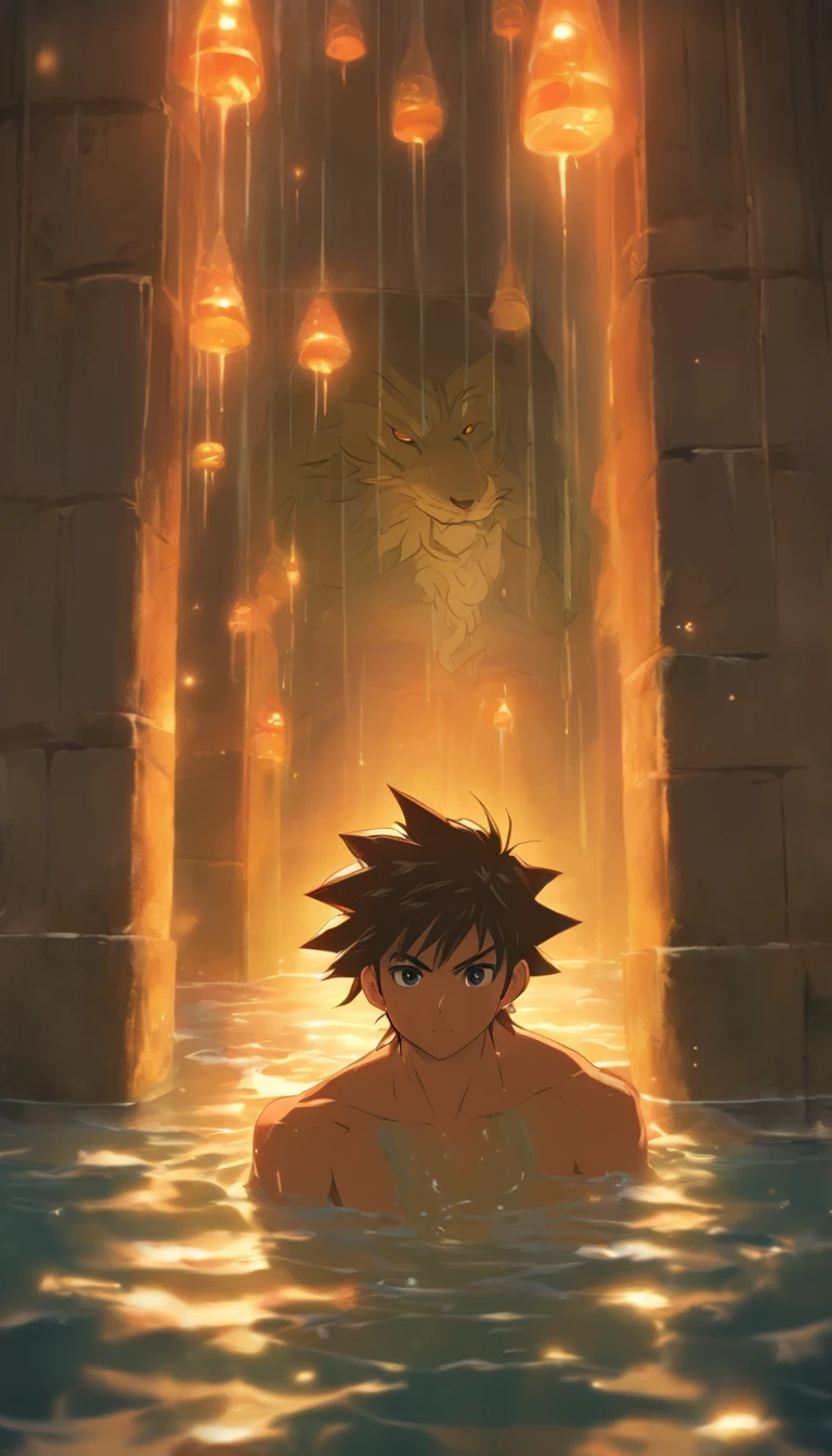 /imagine prompt: A young man enters the water dungeon with a sense of urgency, nervously looking around, a small and damp cell in front of him. In the center of the cell, there is an elderly elder and eight individuals dressed in guardian attire. The damp marks on the walls indicate the cold and dampness of the water dungeon.,32k, best quality, masterpiece, super detail, high details, by Makoto Shinkai ,in the style of the stars art group xing xing, --niji 5"