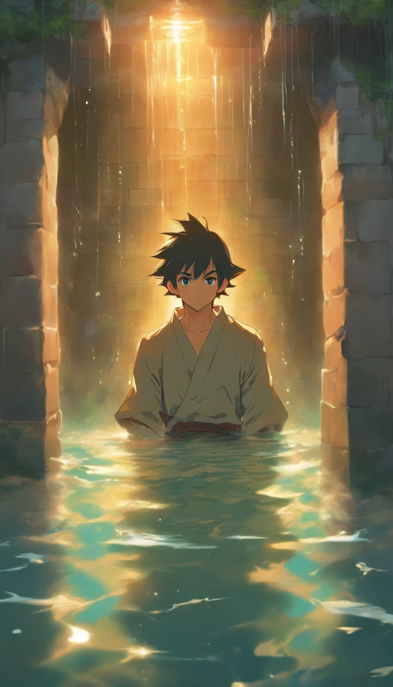 /imagine prompt: A young man enters the water dungeon with a sense of urgency, nervously looking around, a small and damp cell in front of him. In the center of the cell, there is an elderly elder and eight individuals dressed in guardian attire. The damp marks on the walls indicate the cold and dampness of the water dungeon.,32k, best quality, masterpiece, super detail, high details, by Makoto Shinkai ,in the style of the stars art group xing xing, --niji 5"