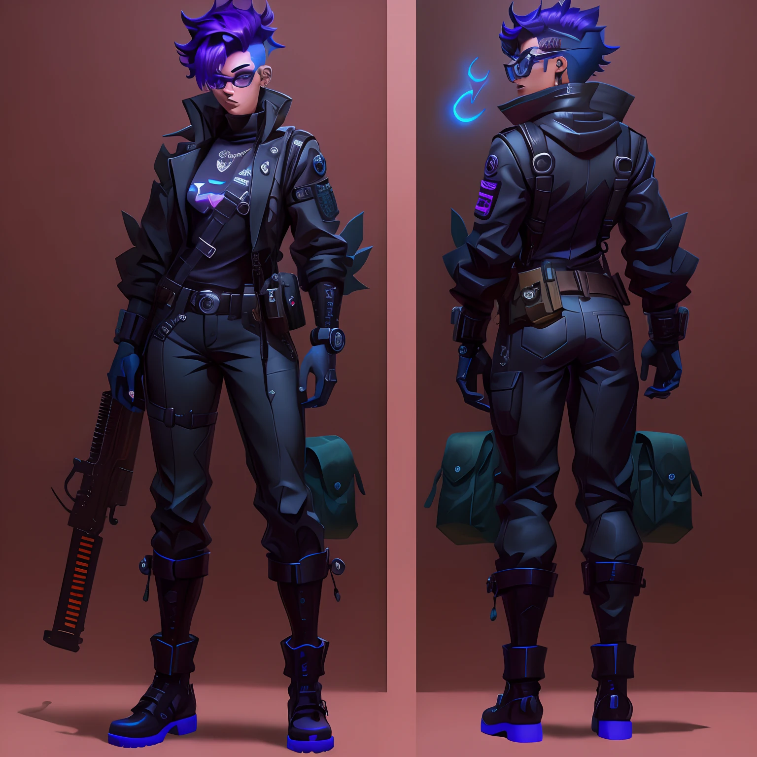 Imagem de um homem com uma arma e uma mochila, valorant character, Artista conceitual do Ryan Glitter, arte conceitual detalhada de corpo inteiro, arte oficial do personagem, mechanic punk outfit, Arte conceitual de personagens 8K, Arte conceitual de personagens 8k, arte conceitual especializada de alto detalhe, arte conceitual, conceito detalhado de corpo inteiro, full body character concept