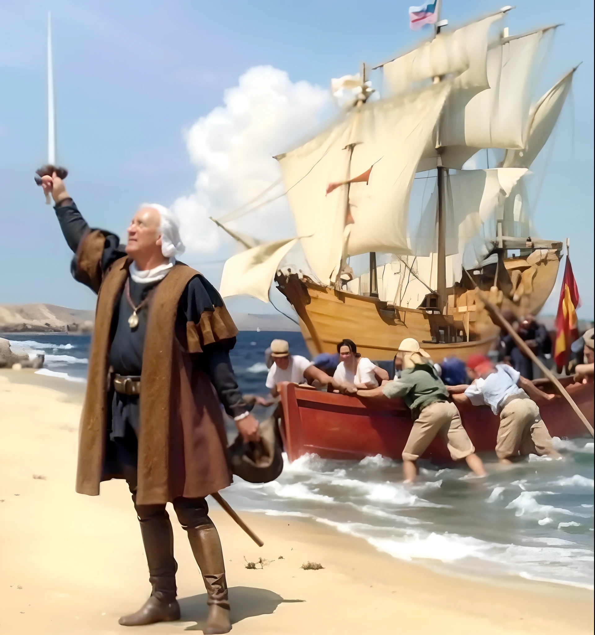 Christopher Columbus arrives in the sand in the background a boat and a Spanish galleon