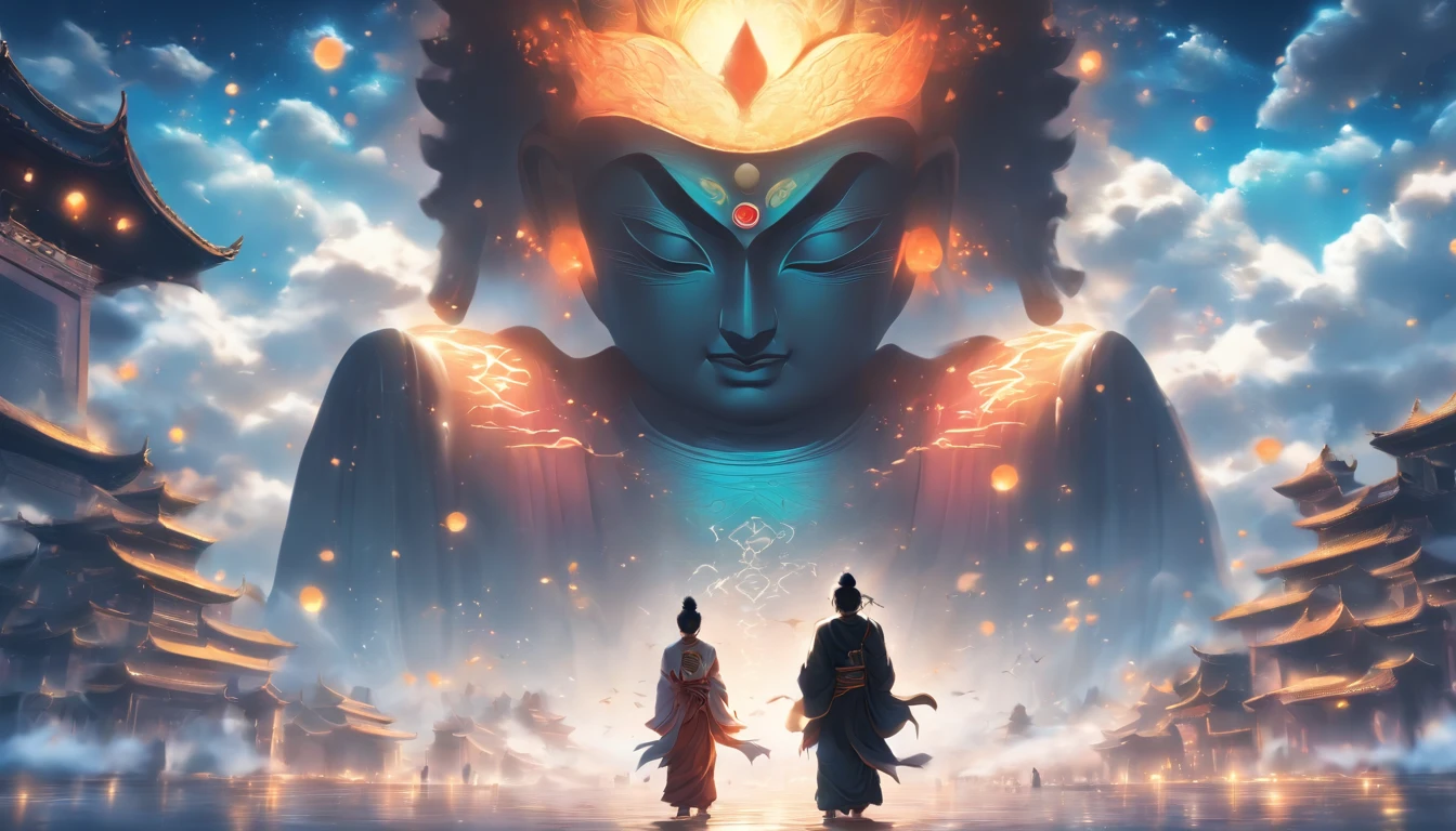 China-style，In the distance, A huge tall Buddha statue stands in space，Gaze at the earth，Standing Buddha statue，with light glowing，Glow effects，Pilgrims on the road，Hyper-realistic，Ultra photo realsisim，Real Photographics，8K，High definition，high qulity，Works of masters，super-fine，Chinese black and white ink style，（（（white colors））），Decolorization，Smudge，ink，8K，super-fine，high qulity，（（（OC renderer）））