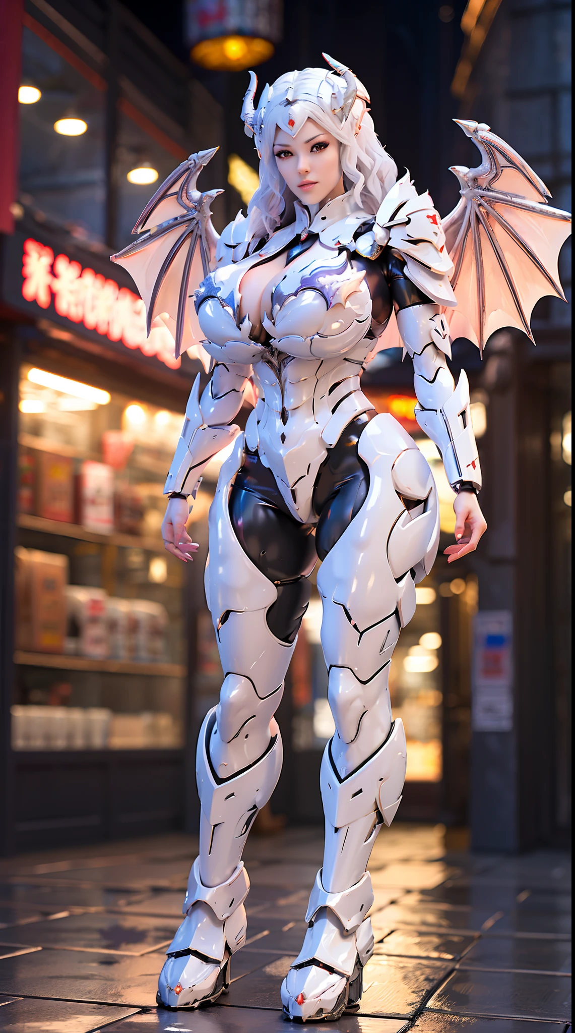((DRAGON BIG HORN ON HEAD)), HUGE FAKE BOOBS, (BEAUTIFUL FACE), (WHITE HAIR), (WHITE:1.2, PURPLE:0.8, DRAGON ARMORED GEAR), ((A PAIR OF LARGEST DRAGON WINGS)), FUTURISTIC DRAGON MECHA LATEX SUIT, (CLEAVAGE), (SKINTIGHT YOGA PANTS), (SEXY LEGS), (LOOKING ON VIEWER), (FULL BODY), ((STANDING)), (SLENDER), (SEXY BODY), (MUSCLE ABS), UHD, 8K, 1080P.