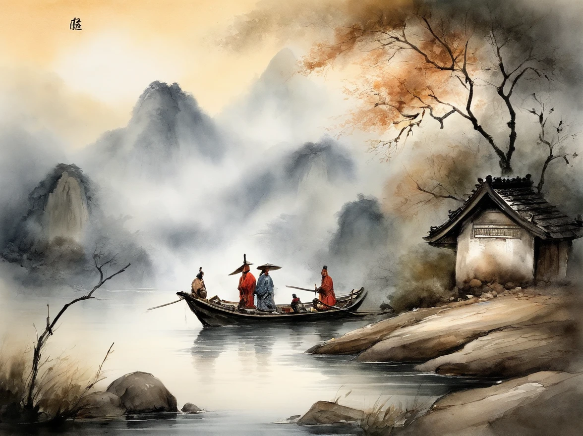 Chinese landscape painting，ink and watercolor painting，water ink，ink，Smudge，Faraway view，Ultra-wide viewing angle，Meticulous，Light boat in the distance，Faraway view，Meticulous，Smudge，low-saturation，Low contrast，The light boat has crossed the Ten Thousand Heavy Mountains，Beautifully depicted，A detailed，acurate，Works of masters，tmasterpiece