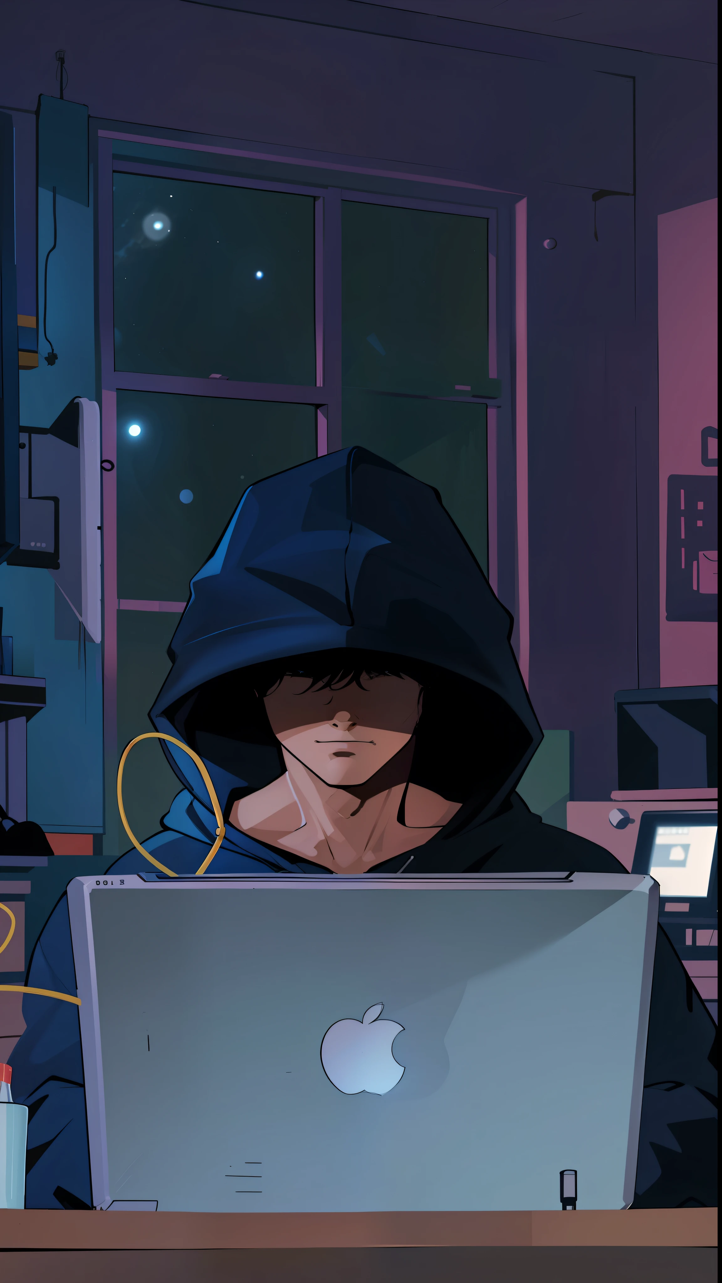 A 17-year-old boy sitting in his room with hero decoration, The boy is sitting facing him with a computer open, The boy is in a dark-hued hoodie, The art style is in the drawing