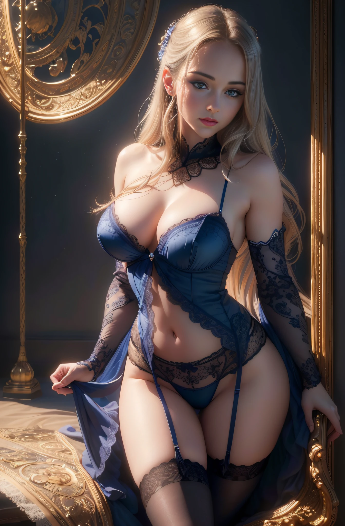 (best quality,4k,8k,highres,masterpiece:1.2),ultra-detailed,(realistic,photorealistic,photo-realistic:1.37),blue eyes,stockings,lingerie,sensual pose,soft lighting,feminine beauty,subtle makeup,delicate lace,flowing hair,,portrait,studio lighting,vivid colors,bokeh