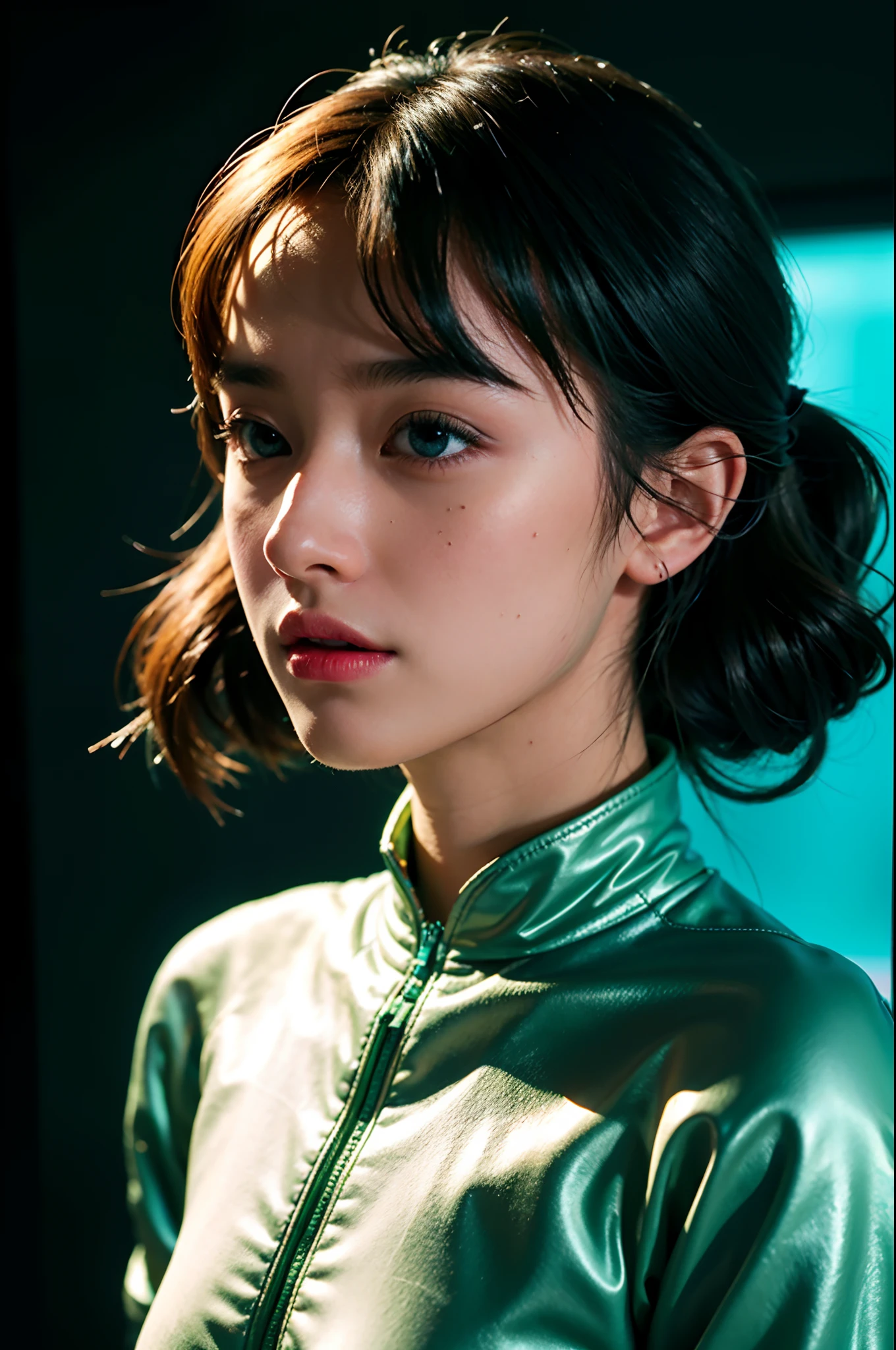 (Small grain:0.5), motion picture, 1girl, outer space, detailed eyes, detailed face, Futuristic clothing details, Lights in clothes, (concealment:1.1), (sideways glance:1.1), volumetric light, solitude, light, Red fluorescent profile, Green Fluorescent Profile, Blue Fluorescent Profile
