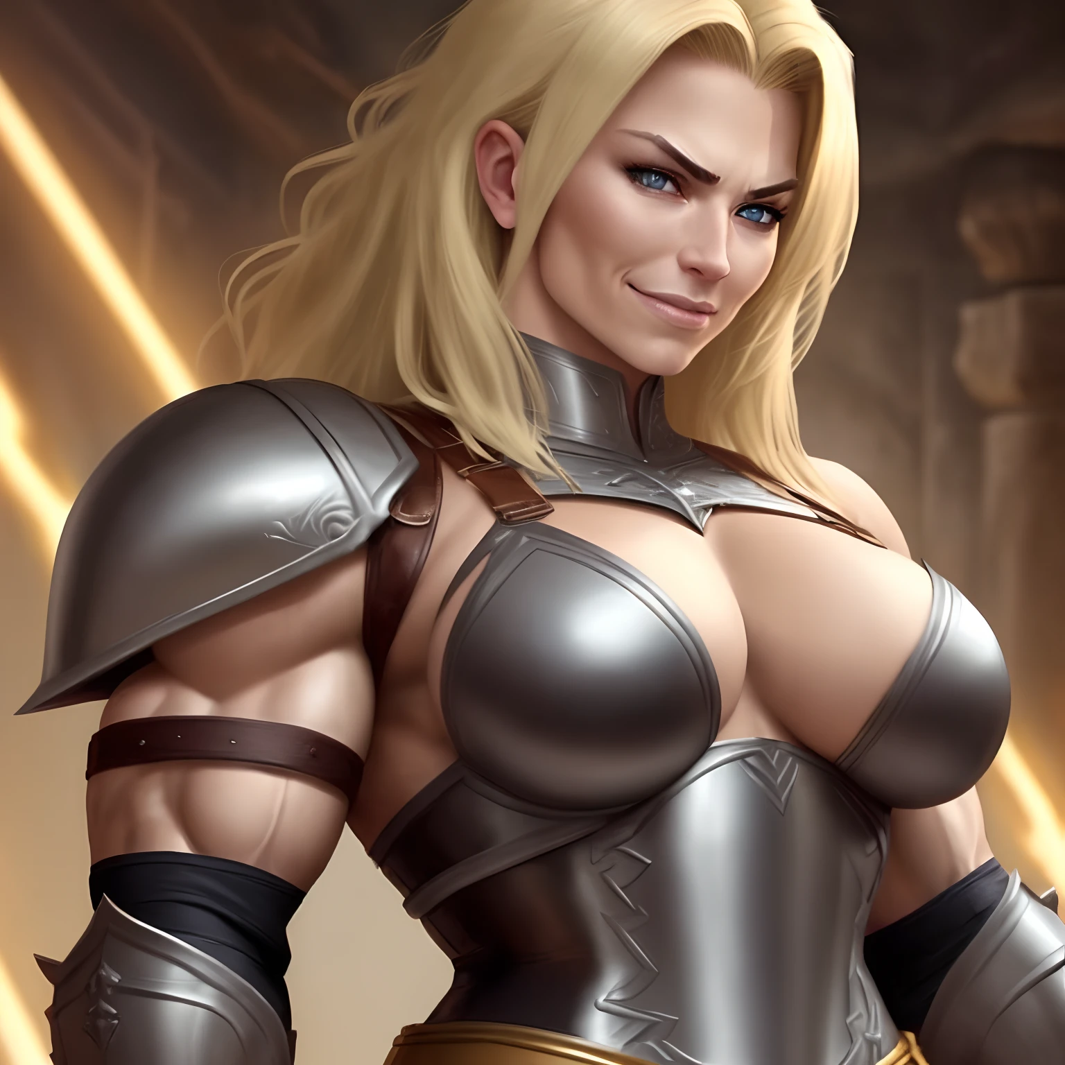 Female warrior with big muscles wearing sexy leather armor, smirking and sexy, horny and seductive, blonde hair, very strong, powerful arms, big arms, medium breasts