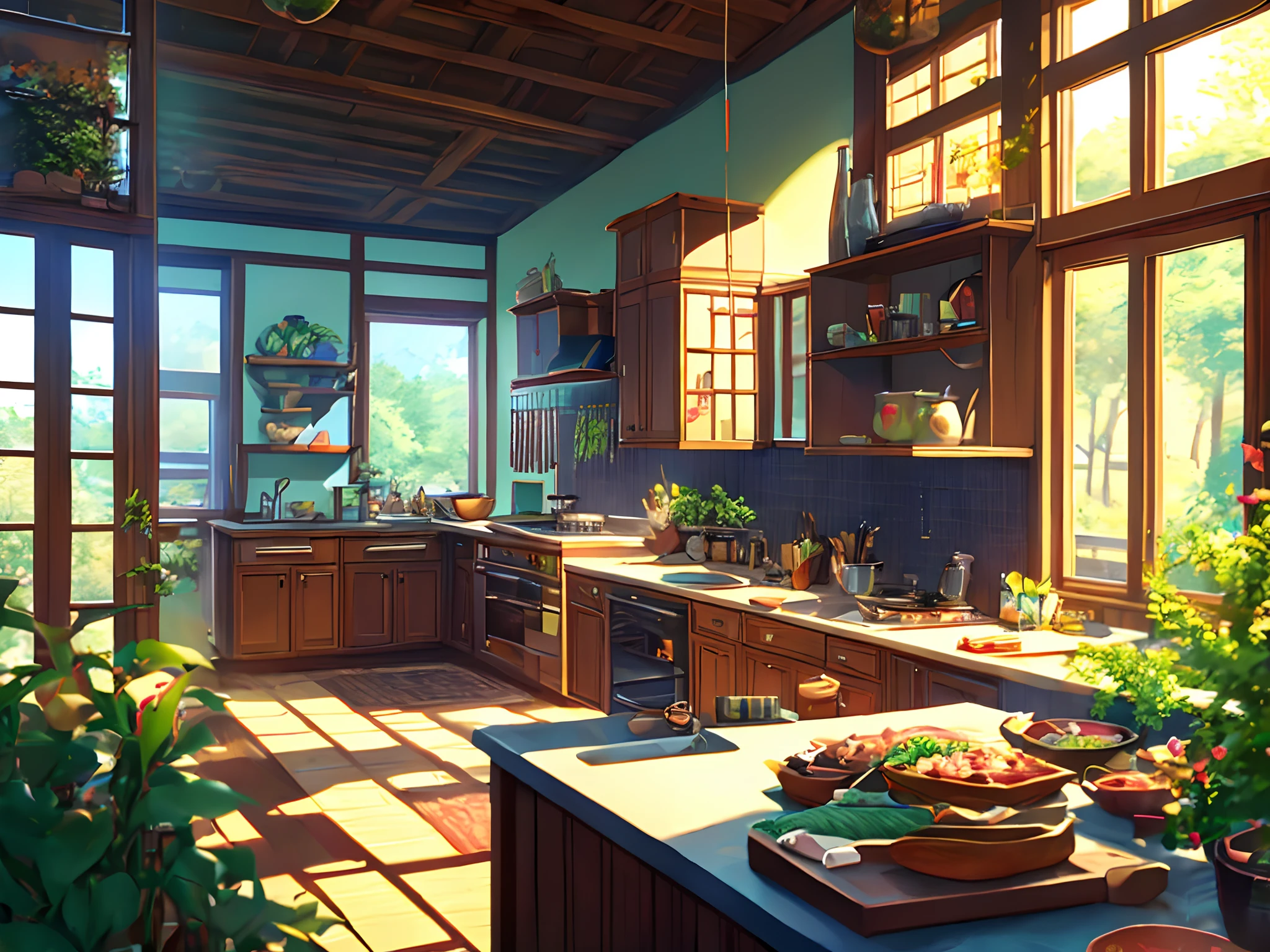 (best quality,4k,8k,highres,masterpiece:1.2),ultra-detailed,realistic,Kitchen with Chihiro style paronamica view with drawing strokes,animate with windows and utensils on the table,panelas penduradas,illustration,chihiro-inspired style,detailed scenery,japanese windows,magical atmosphere,colorful nature,traditional kitchenware,natural lighting