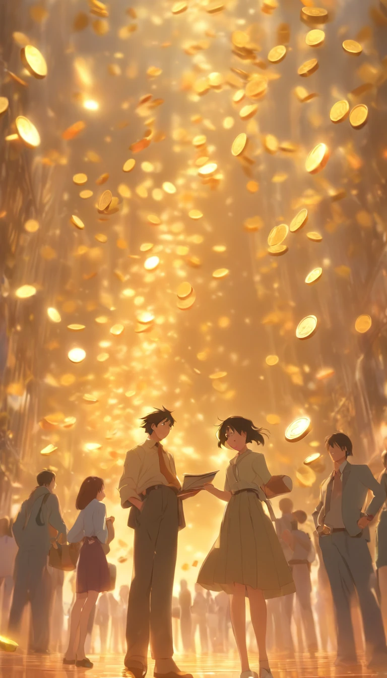 /imagine prompt: A tall middle-aged man standing next to a young woman, holding a bag of gold coins and handing her a document with a smile, the woman's surprised expression and the document showing her being hit, other people around with similar expressions and documents, a tense and stressful scene, ,32k, best quality, masterpiece, super detail, high details, by Makoto Shinkai ,in the style of the stars art group xing xing, --niji 5"