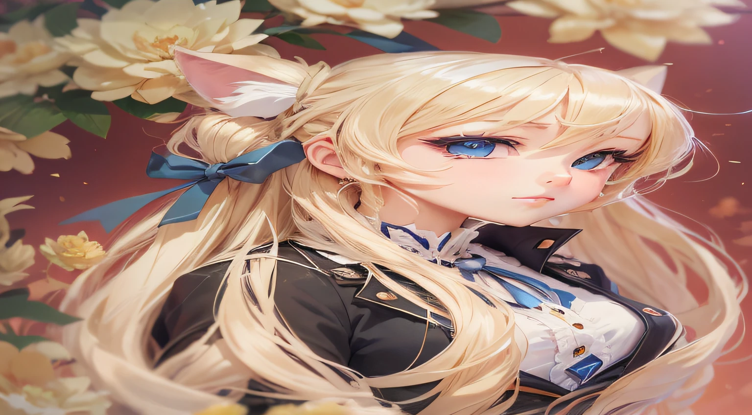 Anime girl with blonde hair and blue eyes in black suit, blonde anime girl with long hair, In an anime style, anime moe art style, anime style portrait, Cute anime girl, an anime girl, cute natural anime face, beautiful anime high school girl, (Anime Girl), extremely cute anime girl face, charming anime girls, Cat's ears, Final Fantasy, bow ribbon, Anime, Art deco, high details, hard disk, Best Quality, hight resolution, Textured skin
