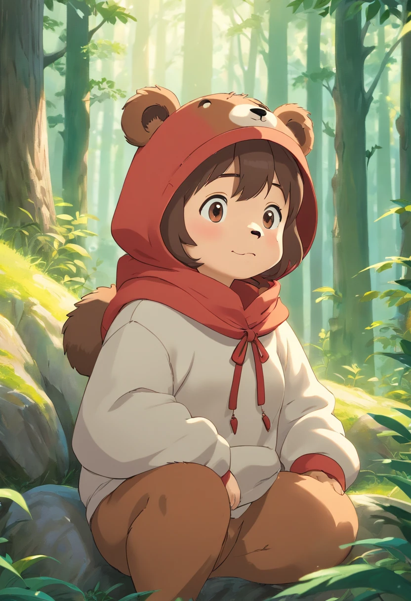 Produces ultra-high-definition images of chic bears,Highlight the intricate details of bear fur,And expressive eyes.Cute little bear，Wear a trendy sweatshirt，Wearing a hat，ssmile，Cute action，foreshortening, depth of fields, masutepiece, Best Quality,the woods，Soft lighting, Dreamy volumetric lighting. hyper realisitc. perfectquality, Clear focus