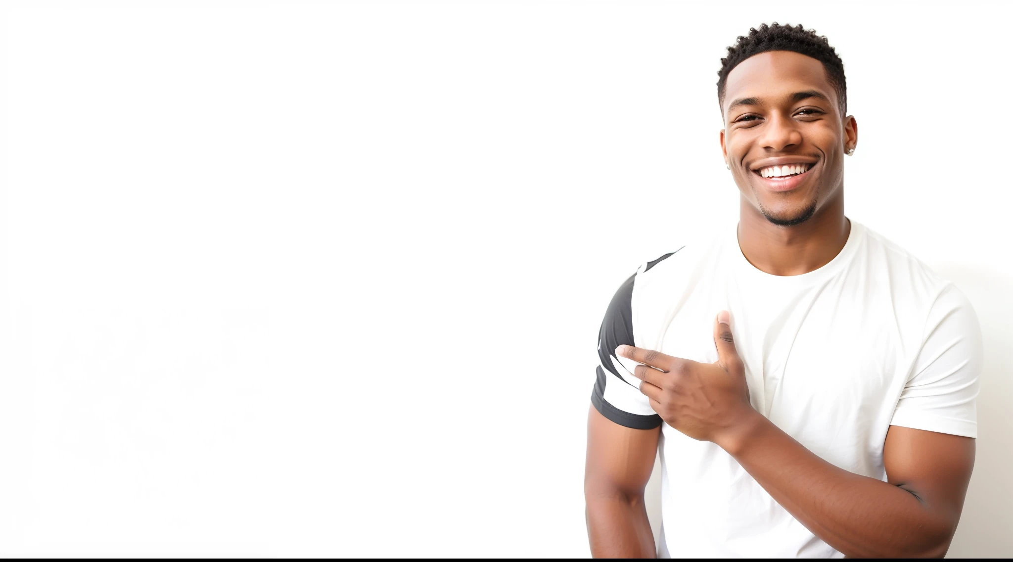homem sorridente de camisa branca apontando para algo com o dedo, Adolescente negro, Homem de pele marrom com um sorriso gigante, bonito hip hop jovem negro, Jovem com short, sorriso confiante sutil, adolescente do sexo masculino, man is with black skin, sorrindo confiante, vestindo uma camiseta branca muscular, young man with medium - length, warm friendly expression, jovem atraente