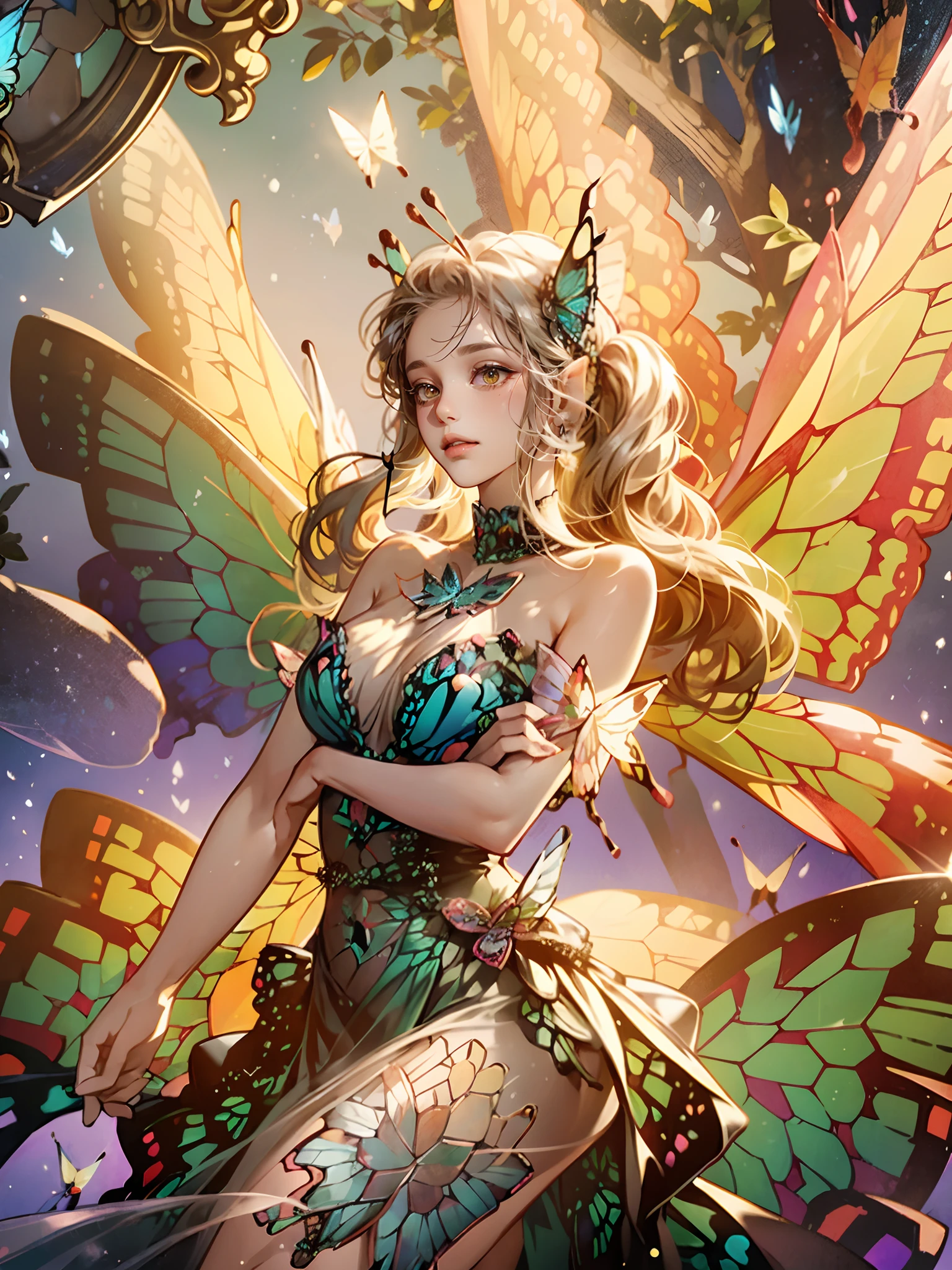 woman with a drink in her hand and a fairy costume, ((beautiful transparent butterfly wings:1.5)), ((glittery wings)),  fantasy illustration, calm and peaceful facial expressions,silver pedals blowing around, cowboy shot, perfect anatomy, ((perfect shaped two arms)),detail face,break.beautiful growing dress,fantasy, forest