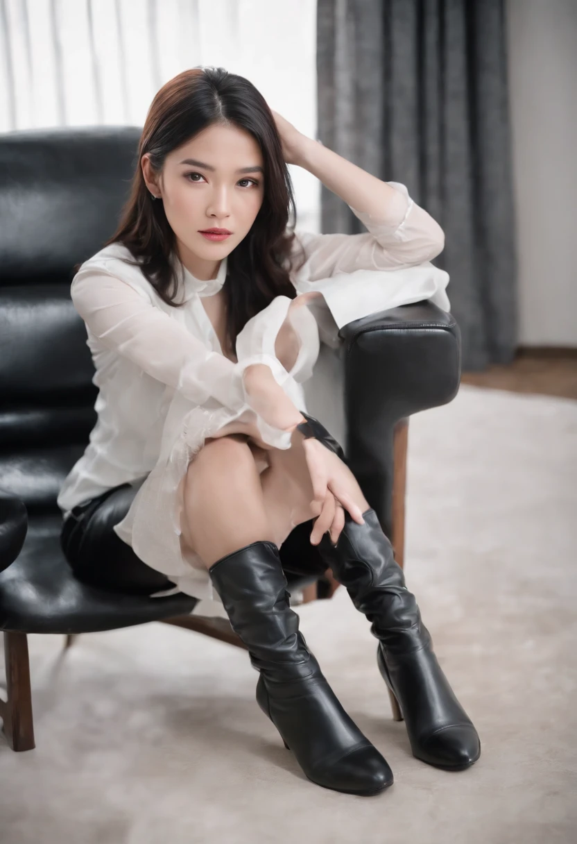 Black leather gloves with five fingers in both hands, black leather tight skirt, white blouse, black leather long boots, Japanese girl with straight black hair, sit on a leather chair with her feet aligned, both hands of leather gloves are aligned on her knees