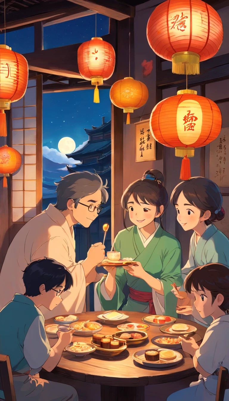 A family eats mooncakes,Men honor their parents with gifts in their hands, Happy family, There are mooncakes on the table,Gift in hand, tea drinking and paper lanterns, Another bright moon in the sky,warm and joyful atmosphere, Digital illustration, Poster illustration, ???, , digital illustrations , Chinese style painting, , exciting illustration,