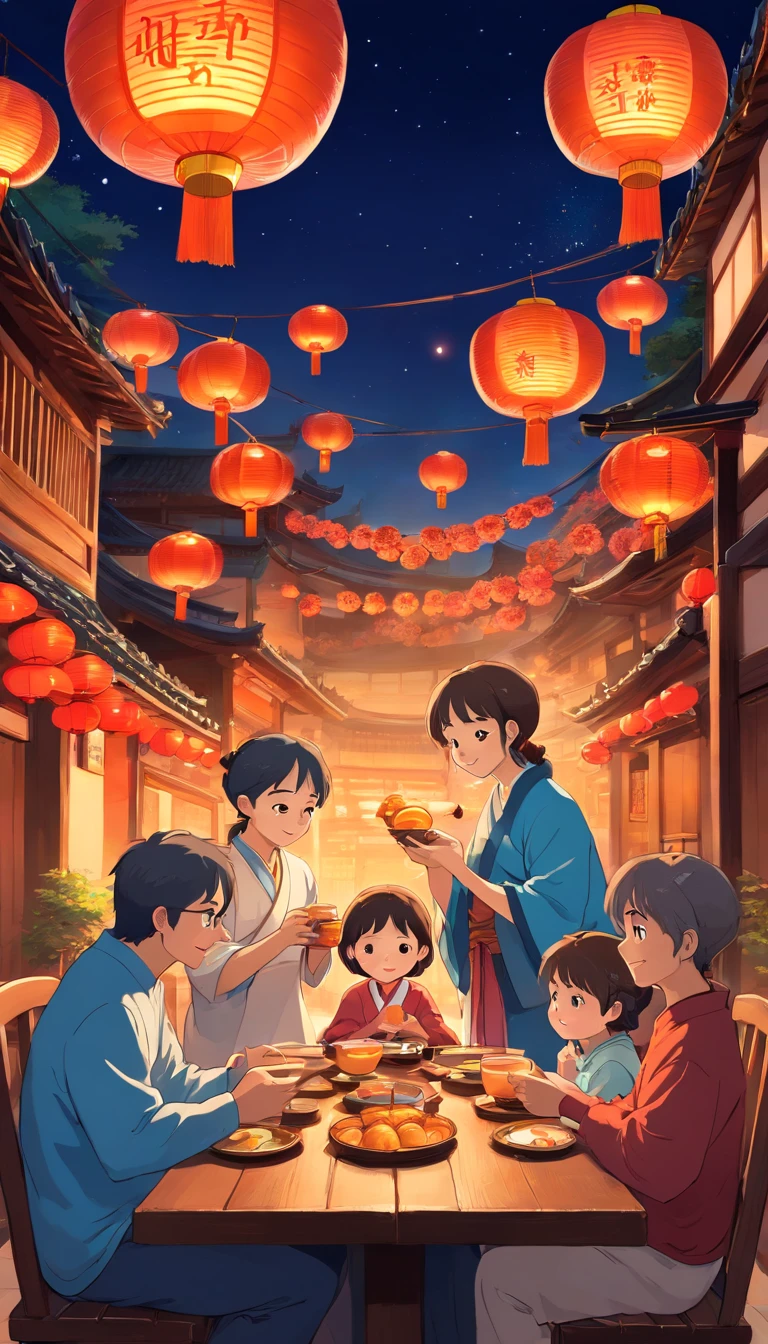 A family eats mooncakes,Men honor their parents with gifts in their hands, Happy family, There are mooncakes on the table,Gift in hand, tea drinking and paper lanterns, Another bright moon in the sky,warm and joyful atmosphere, Digital illustration, Poster illustration, ???, , digital illustrations , Chinese style painting, , exciting illustration,