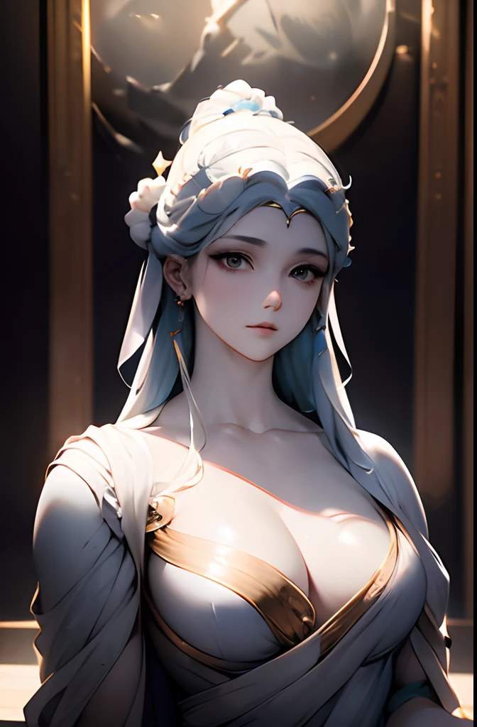 Marble statue of the goddess of the moon、silber hair、A detailed face、Pure white robe、masterpiece、highcontrast、cinematlic lighting、Detailed shading、top-quality、Top image quality