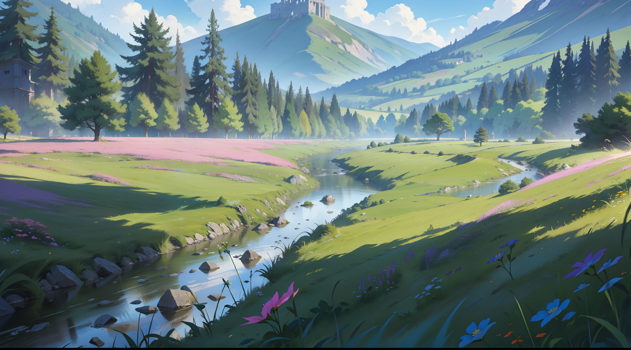 Vista, Direct View, Mottled Meadow Pavement, Stone Paved Road and Weeds, open grass lands with hills, Horizontal, Detailed, 8K, Parallel View, League of Legends, Ruins, Pavement Background with Ruins, genshin impact, river flowing