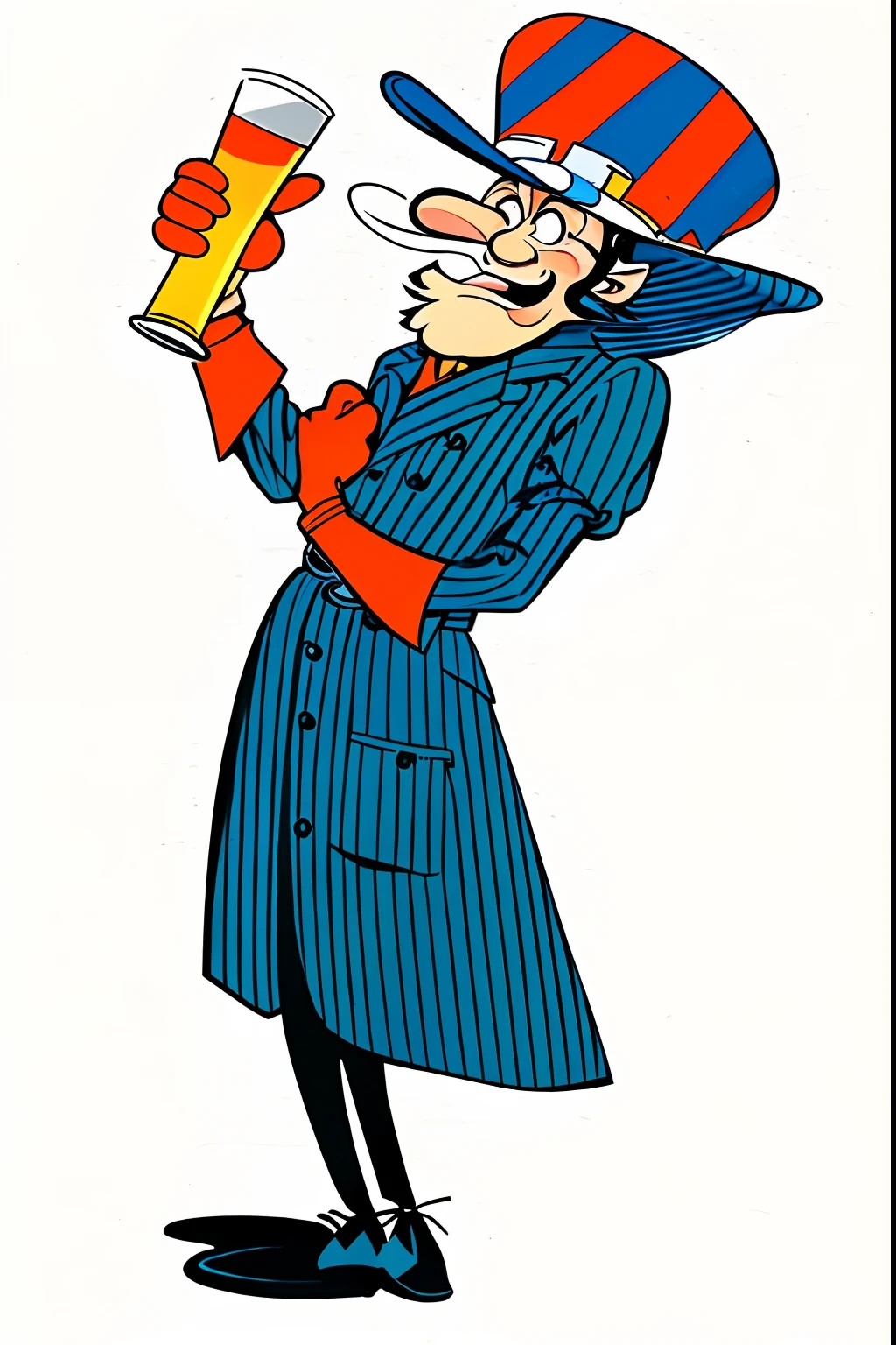 homem dos desenhos animados em um casaco azul segurando um copo de cerveja, granny weatherwax, inspirado em Tex Avery, por Tex Avery, imagem dos desenhos animados, Directed by: Hugh Hughes, Chuck Jones, Close-up de corpo inteiro, Arte Oficial, desenho animado pateta, por Bob Singer, Personagem Antasy, barata senhora, Directed by: Gene Davis, character with a hat, It's time for Morbin