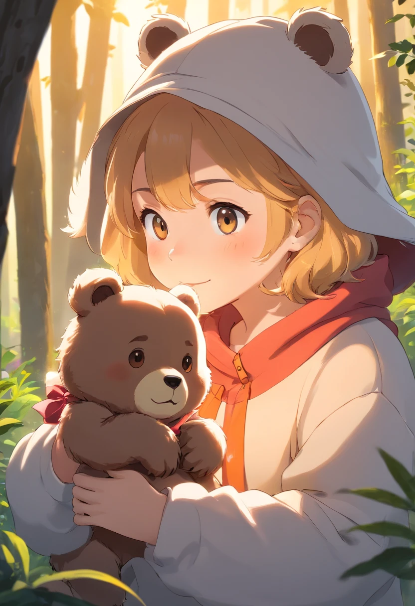 Produces ultra-high definition images of chic bears,Highlight the intricate details of bear fur,And expressive eyes.Cute little bear,Wear a trendy sweatshirt,Wearing a hat,ssmile,Cute action,foreshortening, depth of fields, masutepiece, Best Quality,the woods,Soft lighting, Dreamy volumetric lighting. hyper realisitc. perfectquality, Clear focus