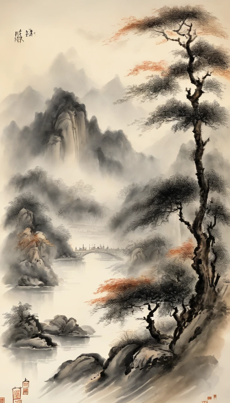 Chinese landscape painting,ink and watercolor painting,water ink,ink,Smudge,Meticulous,water ink,Smudge,Meticulous,Smudge,low-saturation,Low contrast,The light boat has crossed the Ten Thousand Heavy Mountains,Beautifully depicted,A detailed,acurate,Works of masters,tmasterpiece