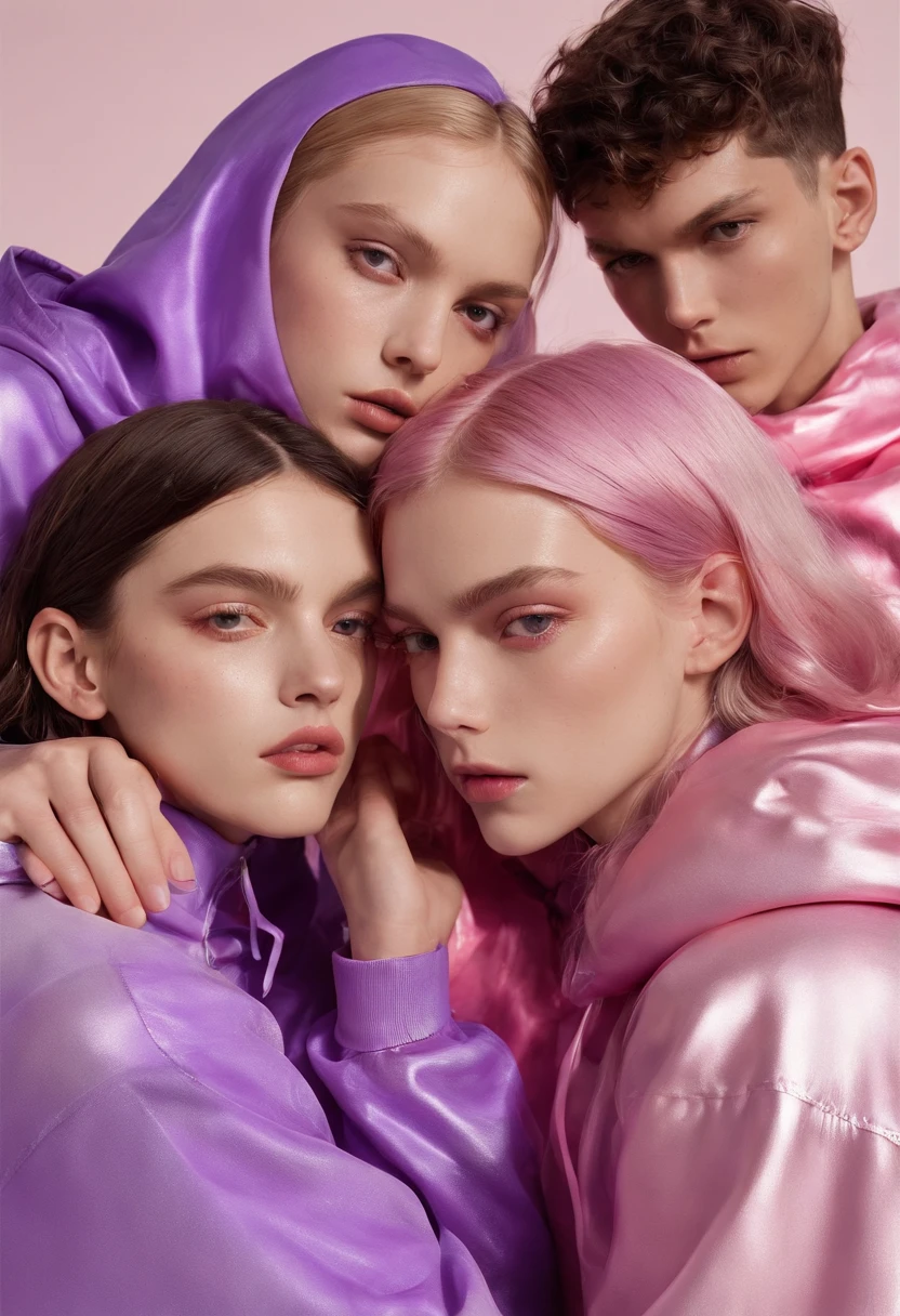 a realistic group photograph of a group of gen-z friends hugging, in a clean cubicle, white background, ultra-wide angle, fashion pose, vogue, wearing fluorescent purple hoodies made from shiny translucent fabric, latex, in the style of chromatic sculptural slabs, daniel James, Sandro botticelli, carving, luxurious textures, close-up, Alasdair mclellan